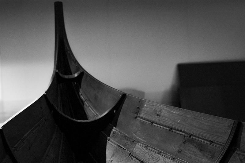 Black and white photo of viking boat.