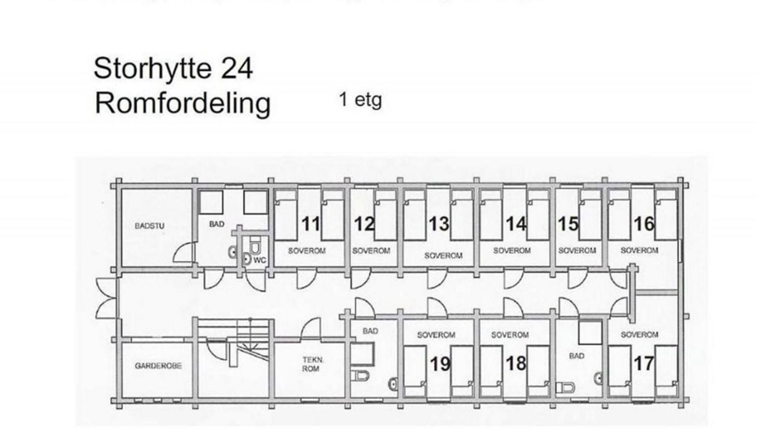 Planritning över Storhytte 24, våning 1, med sovrum numrerade 11–19 samt bad, bastu, WC och förråd.