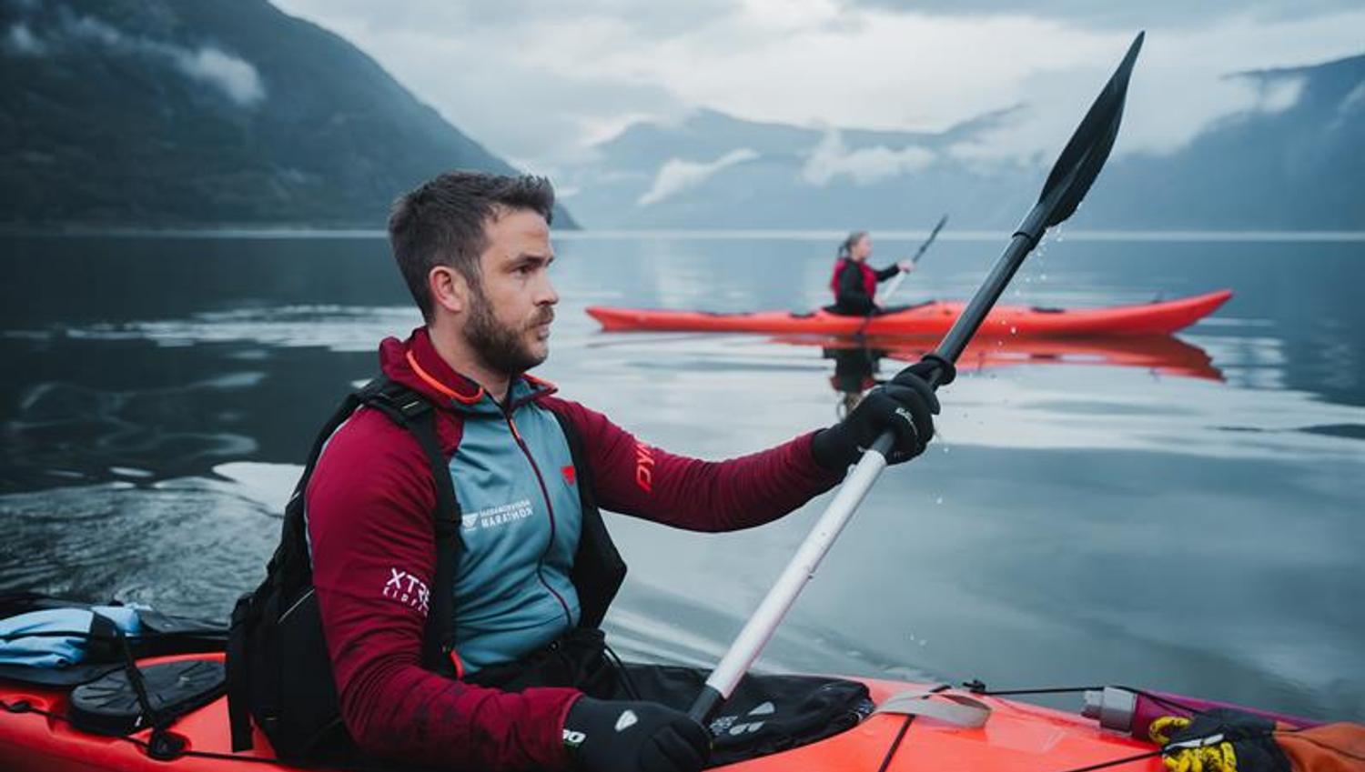 A couple kayakking in two red kayaks on the fjord.