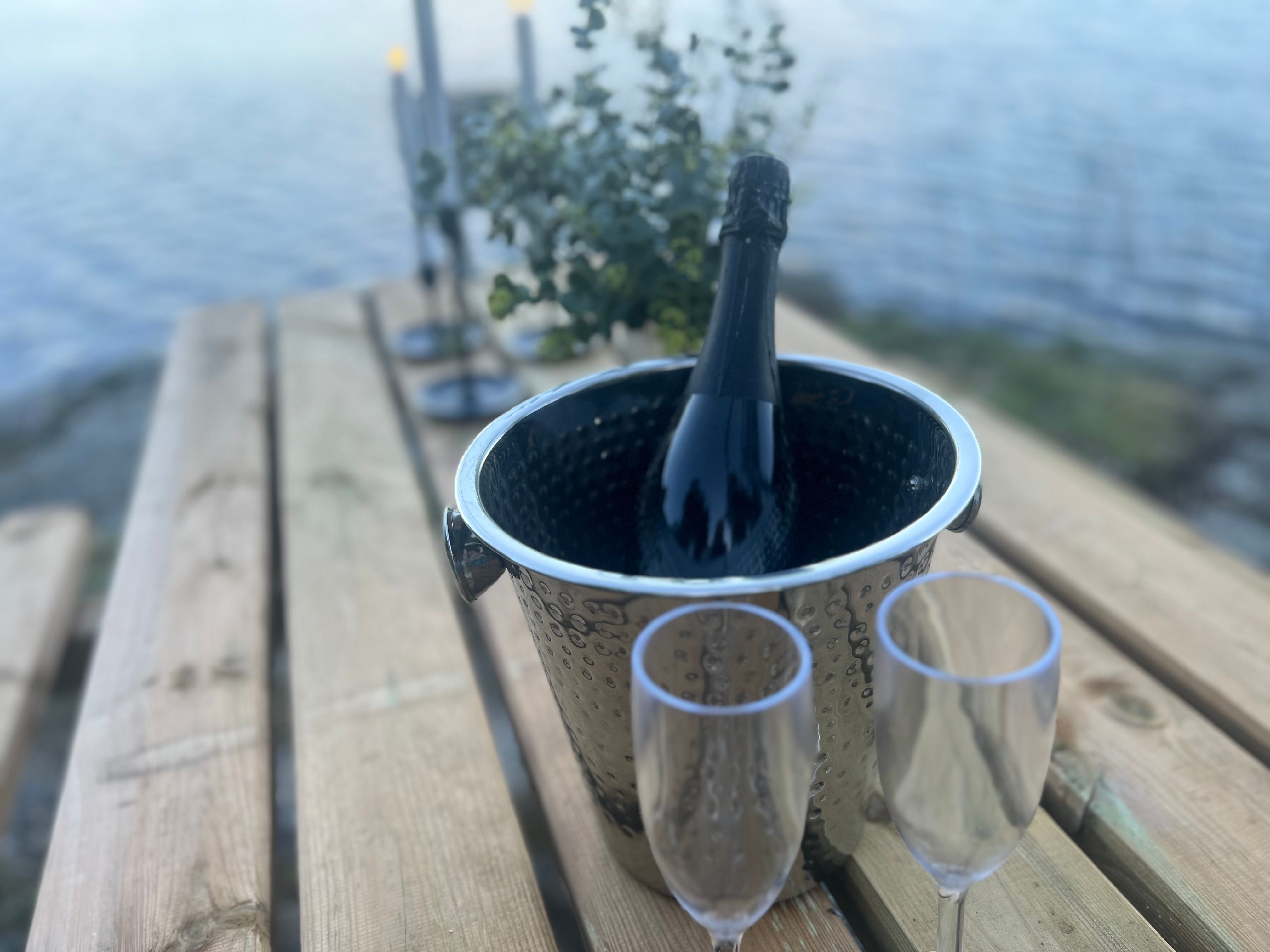 Champagne bucket with two glasses on a picnic table by the lake