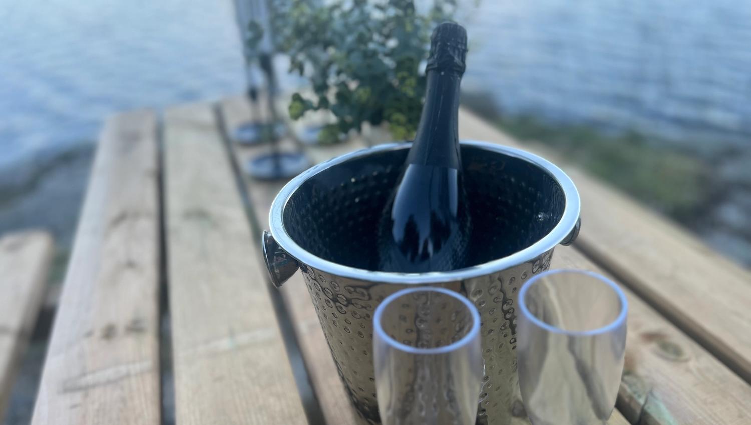 Champagne bucket with two glasses on a picnic table by the lake