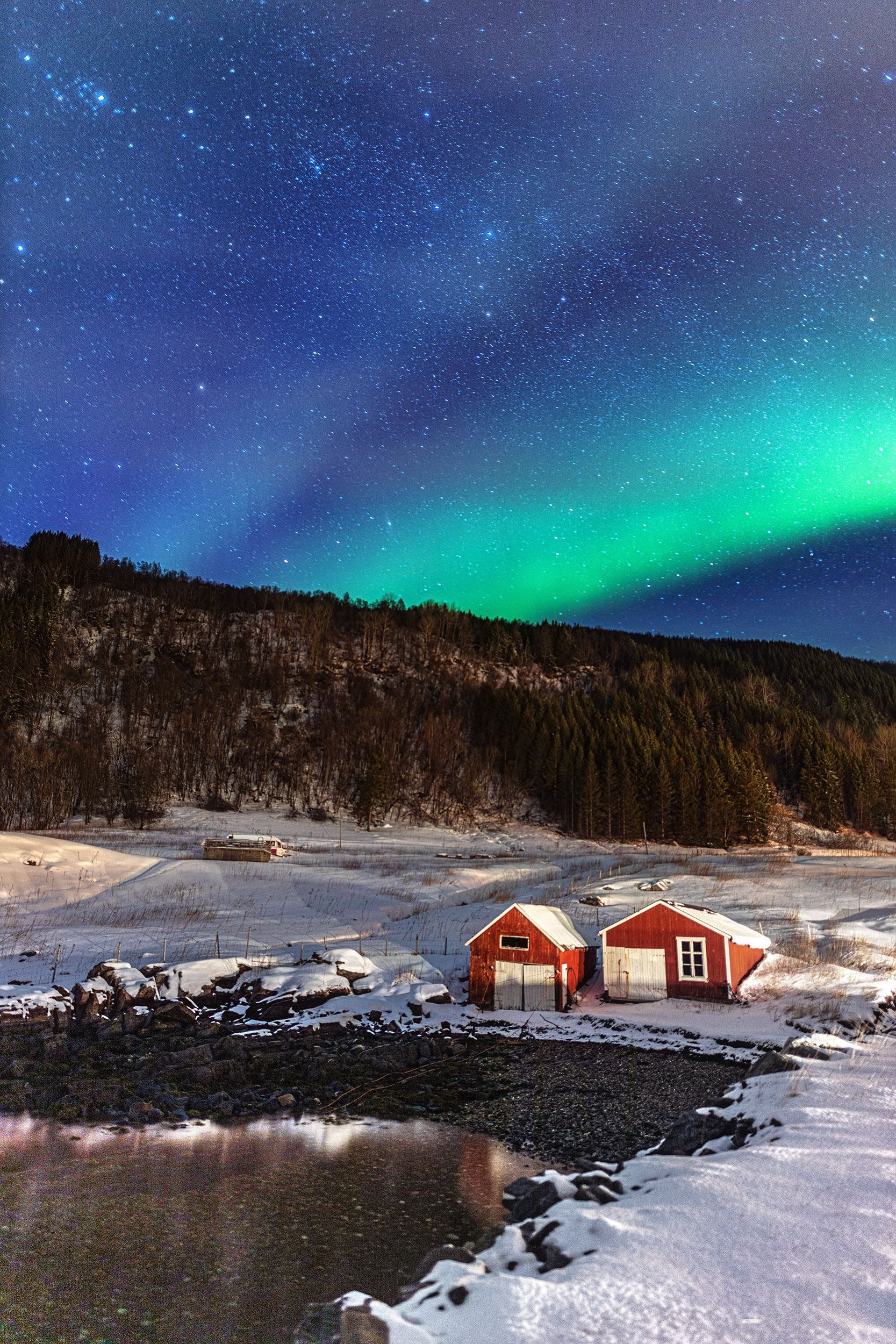 Northern Lights over farm and forest