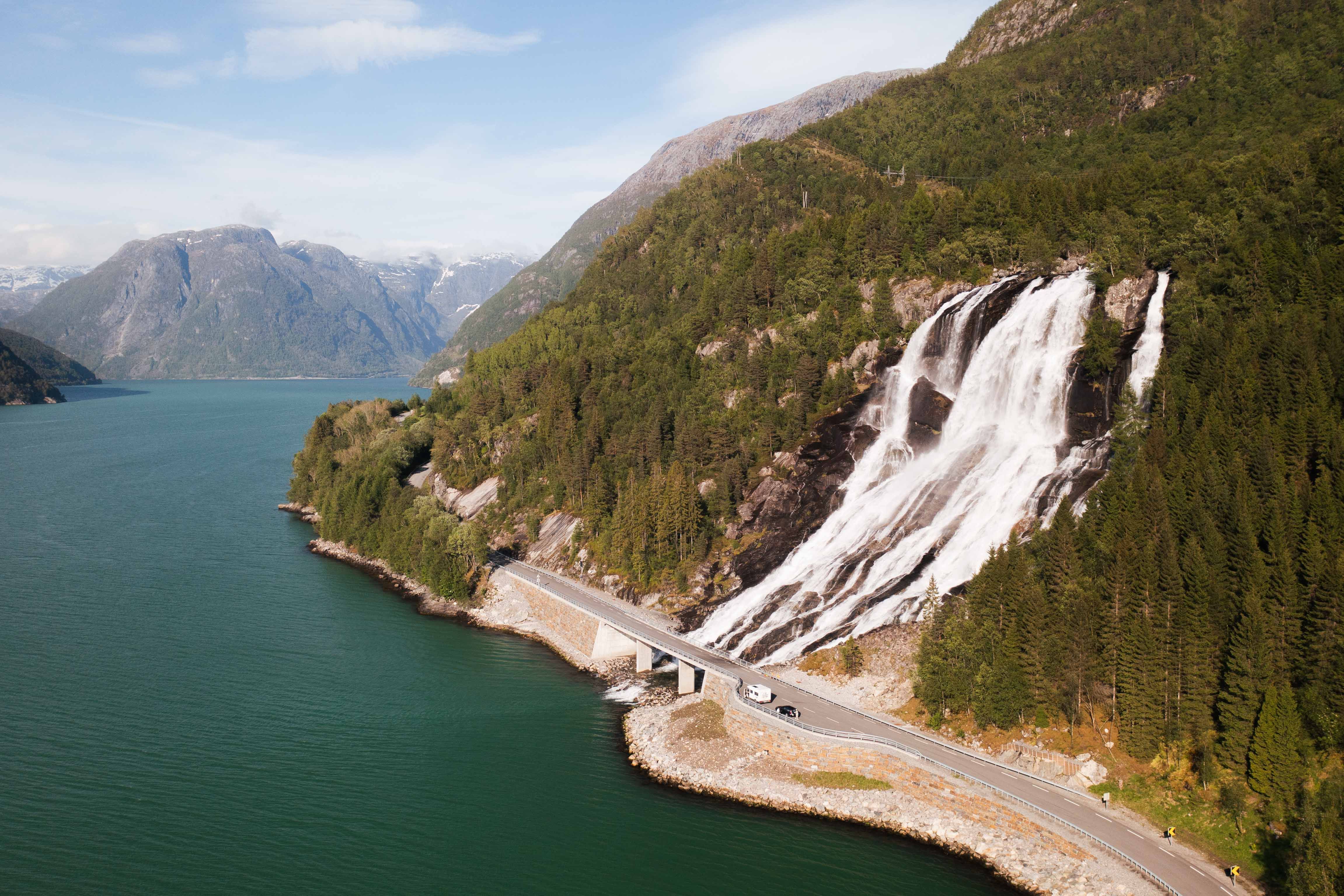Panoramic view of Furubergsfossen – Aerial photo showing Furubergsfossen with the fjord and mountains in the background, a breathtaking natural specta
