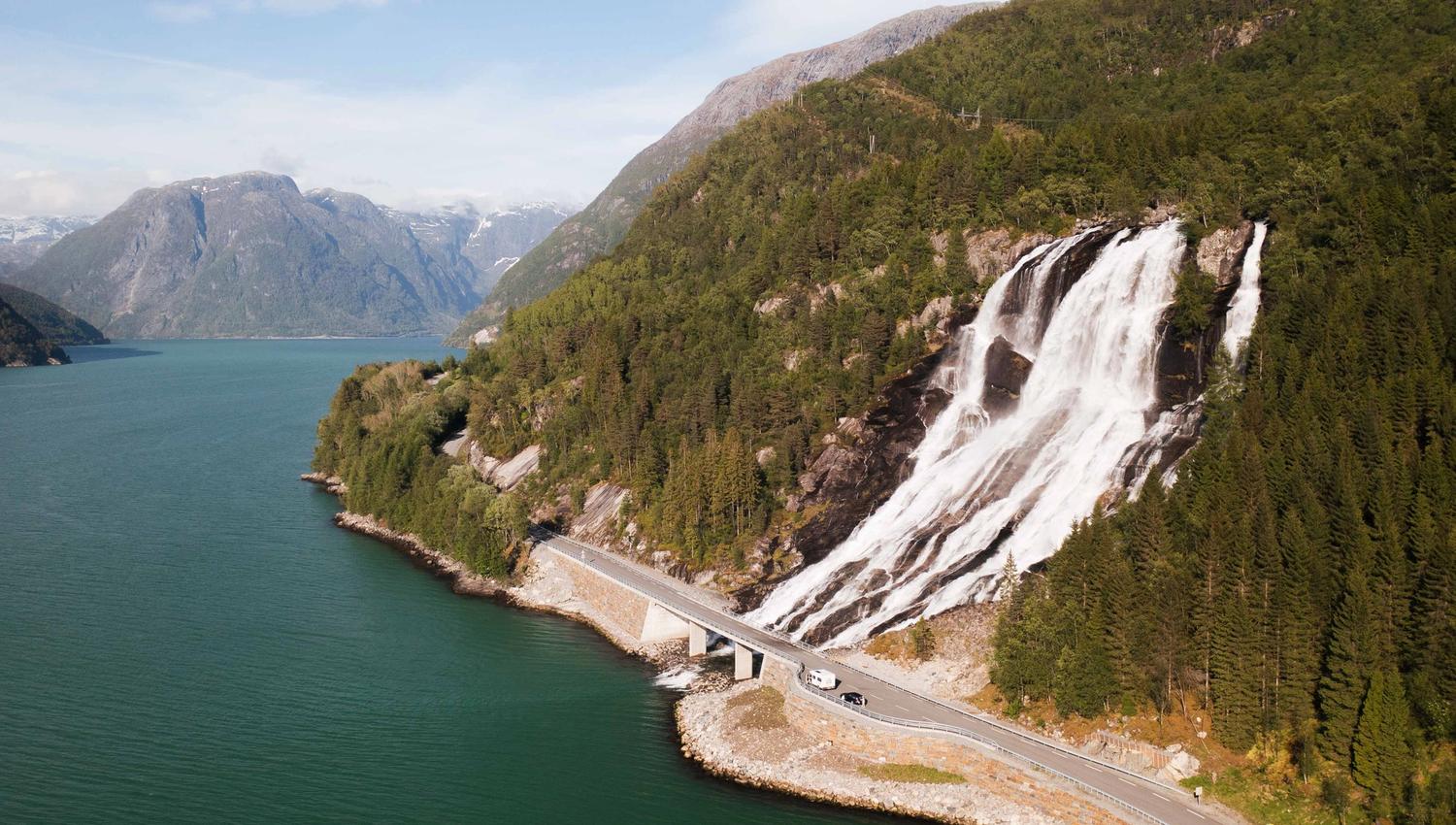 Panoramic view of Furubergsfossen – Aerial photo showing Furubergsfossen with the fjord and mountains in the background, a breathtaking natural specta