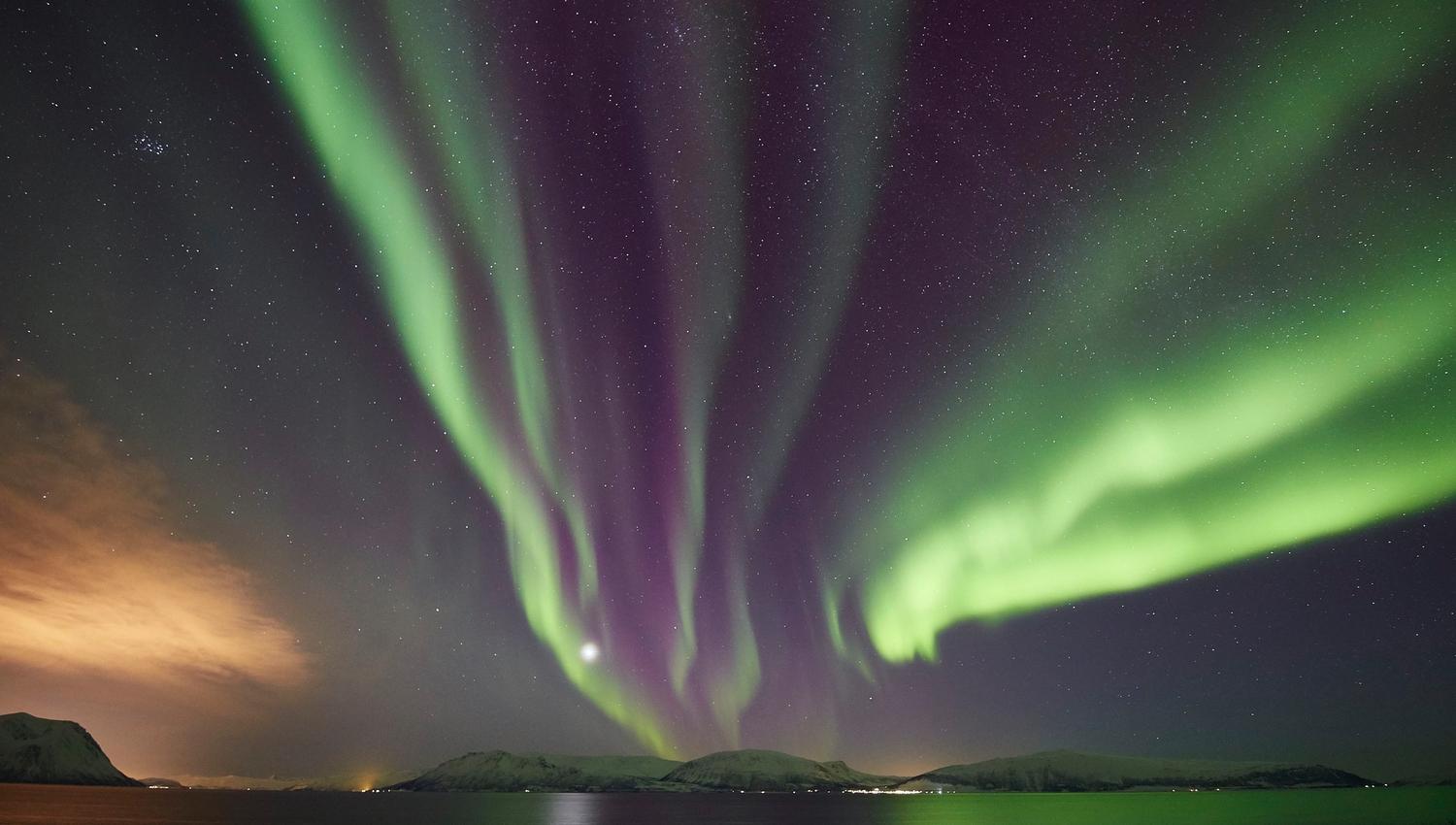northern lights over the water, with some land in the background