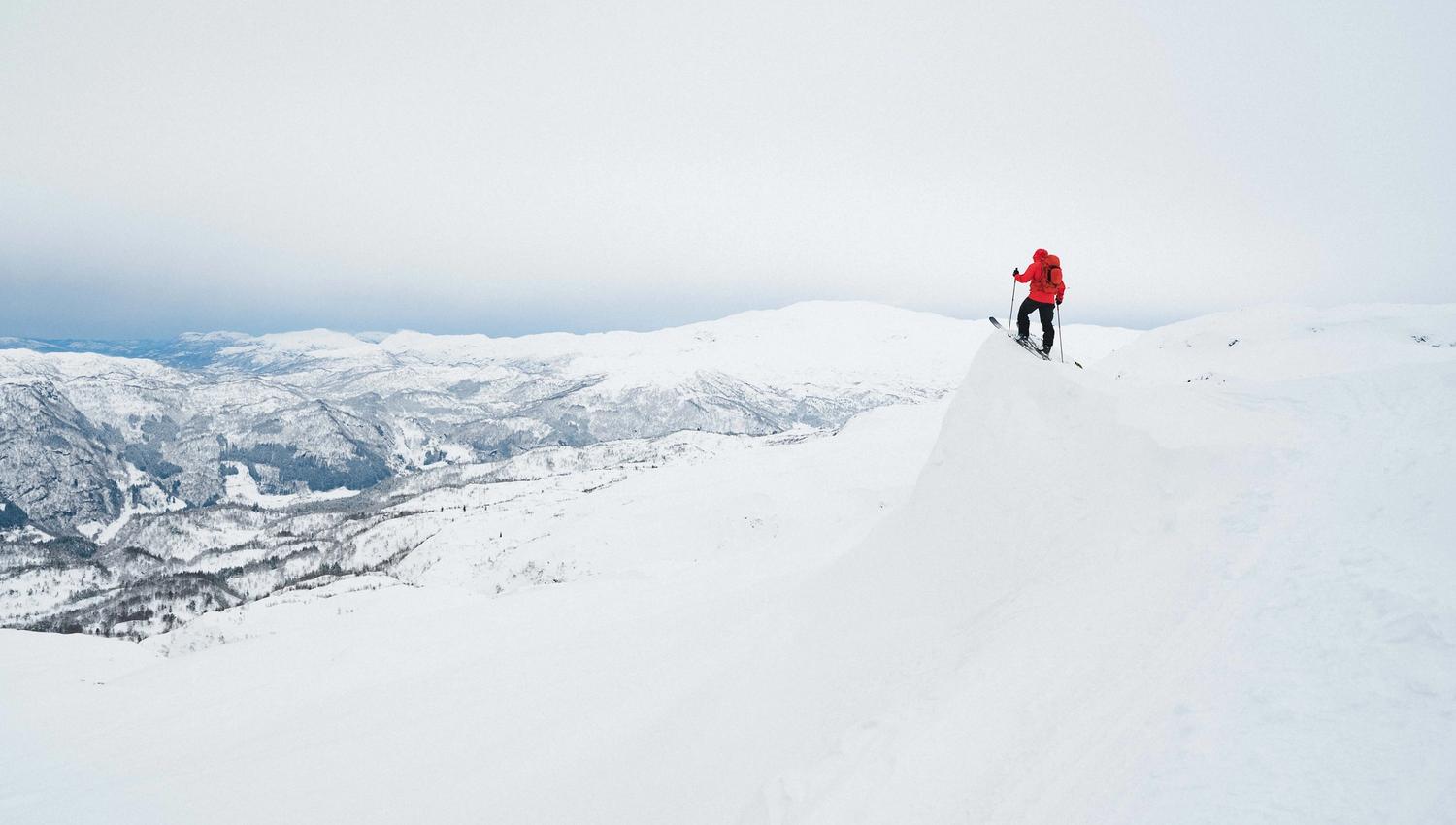 A person on skiis standing on a cliff and looking out over a snow-covered landscape.