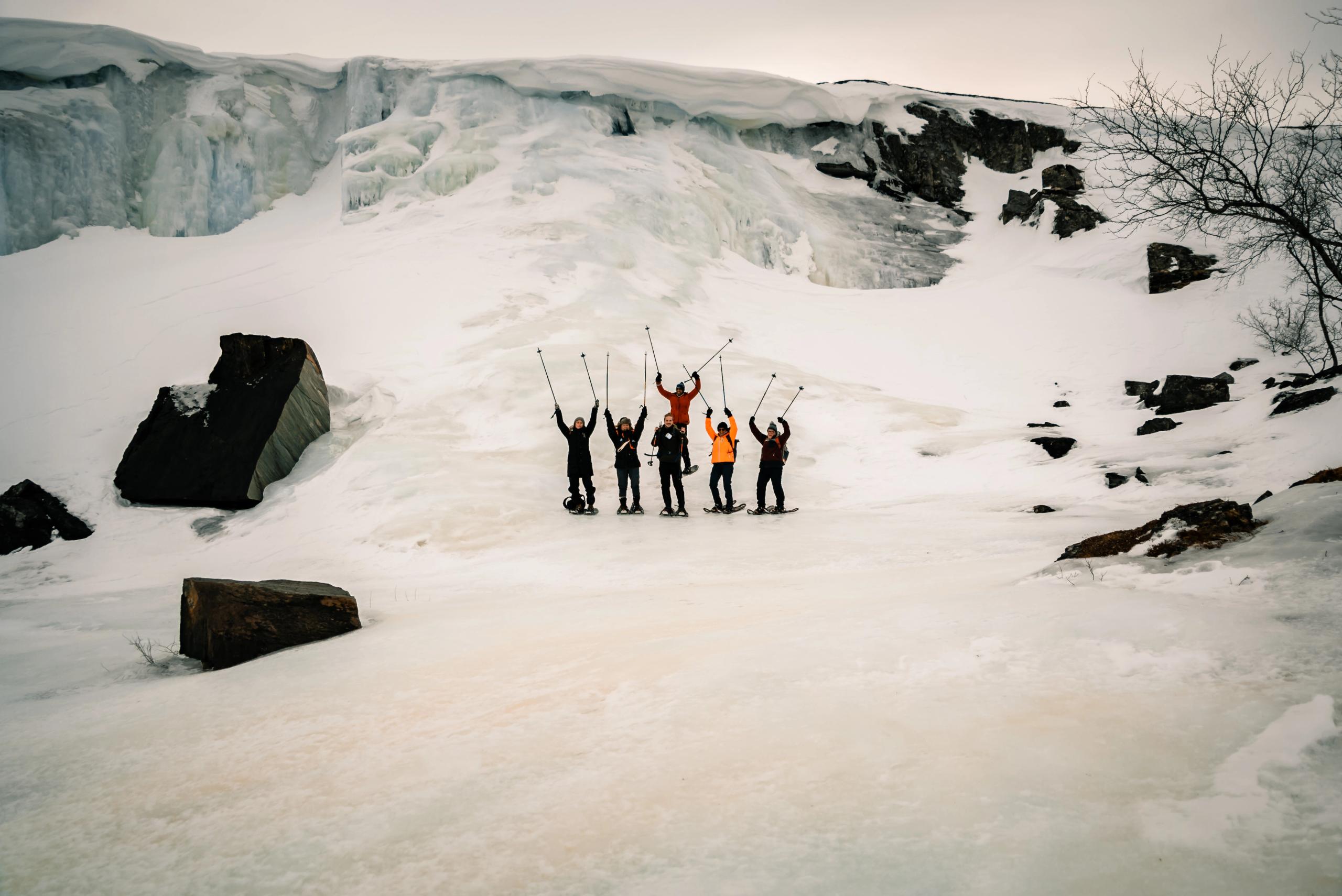 Snowshoe trip to a frozen waterfall