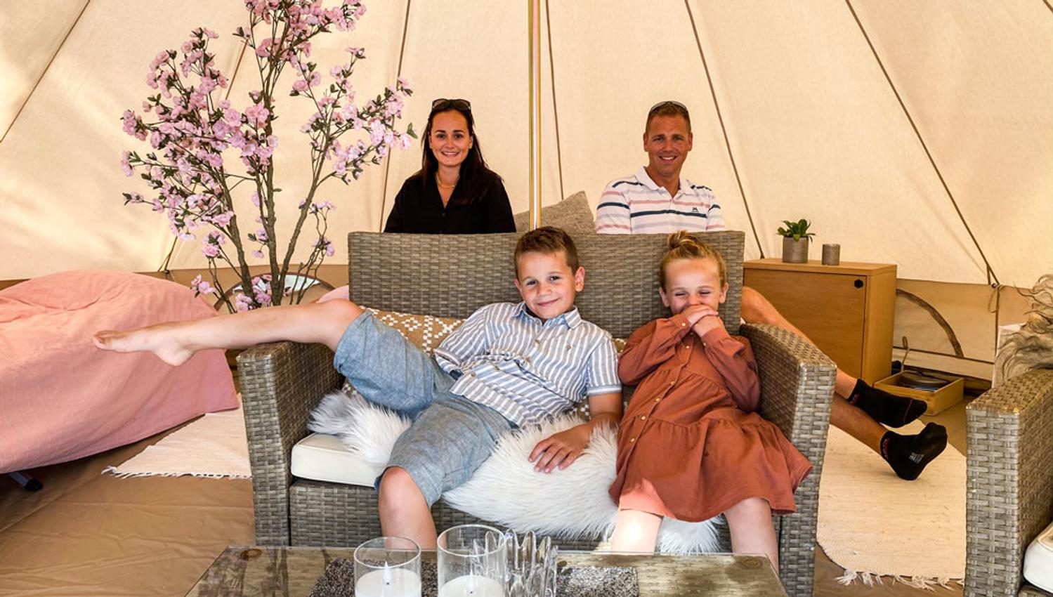 family in a glamping tent at Bolkesjø Gård