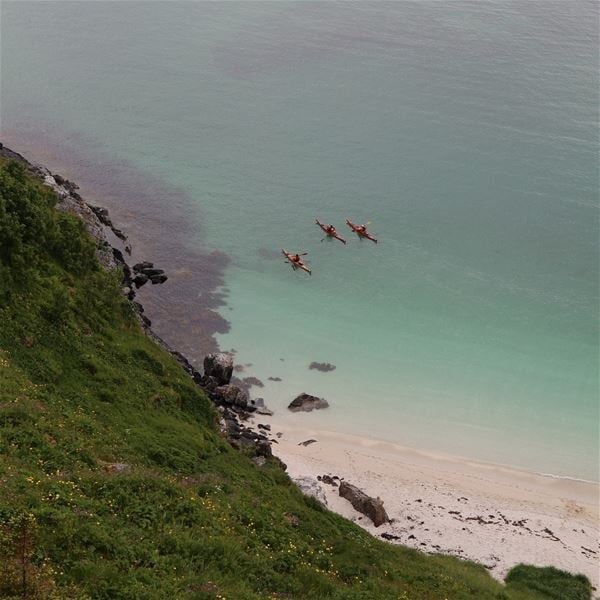 Three kayaks close to the shore