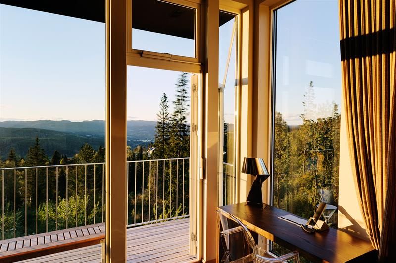 Forest view from a room with a desk and a balcony. Photo