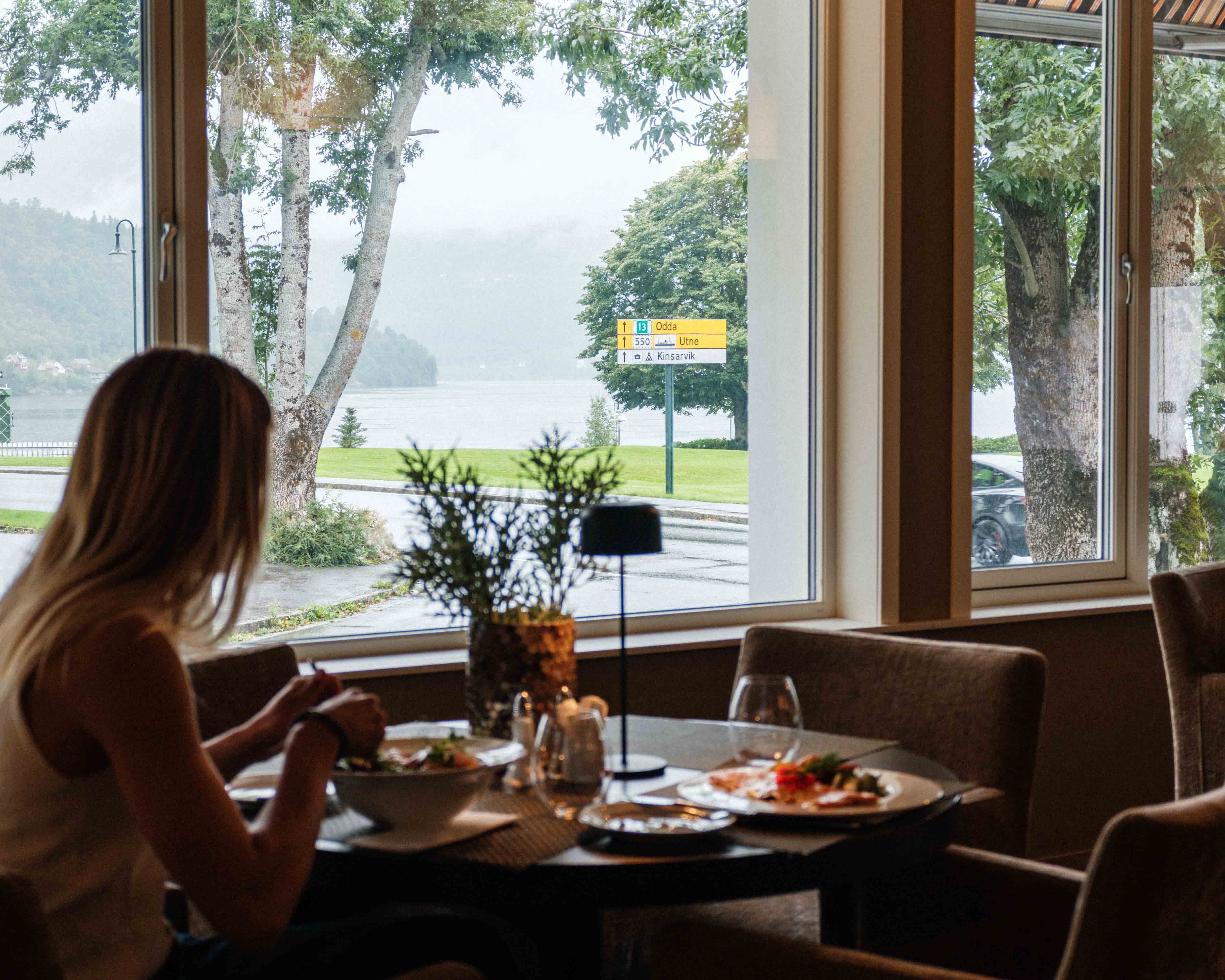 Dinner with a view – overlooking the Hardangerfjord from the restaurant window.