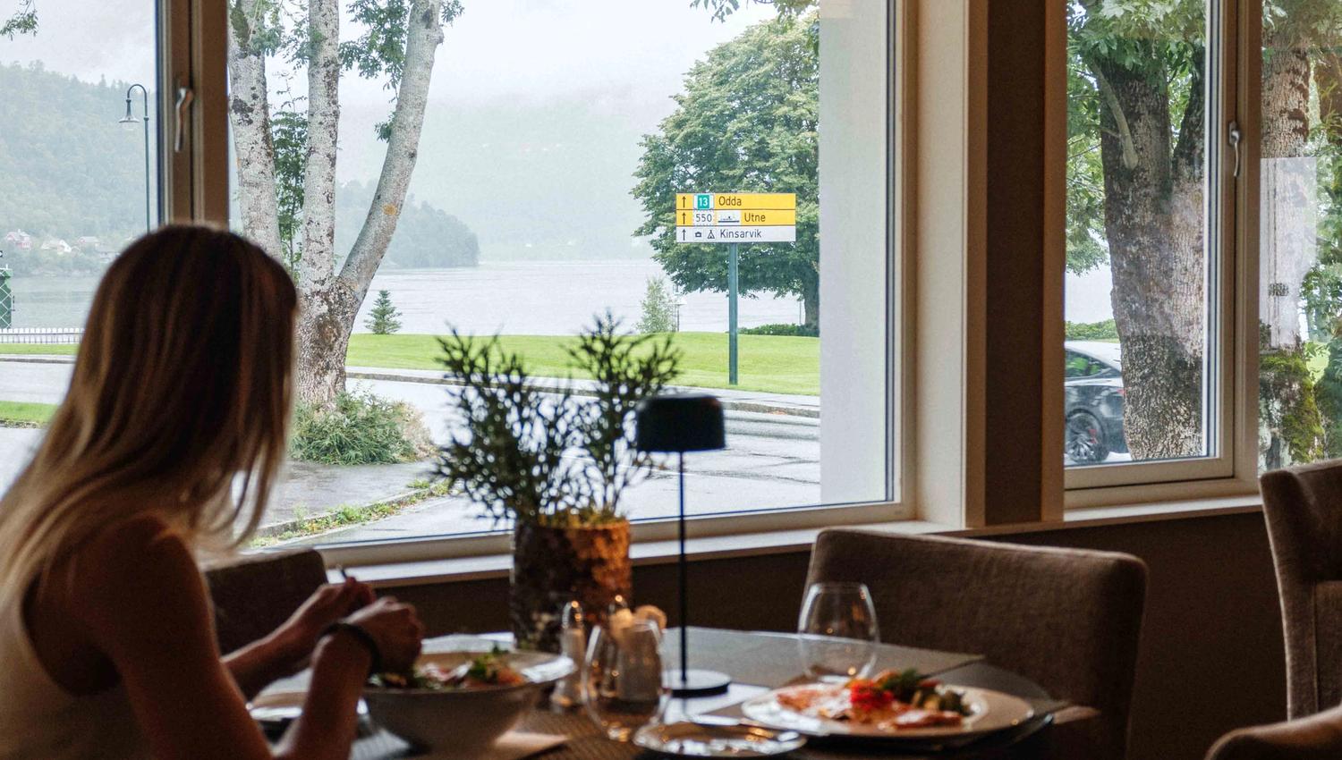 Dinner with a view – overlooking the Hardangerfjord from the restaurant window.
