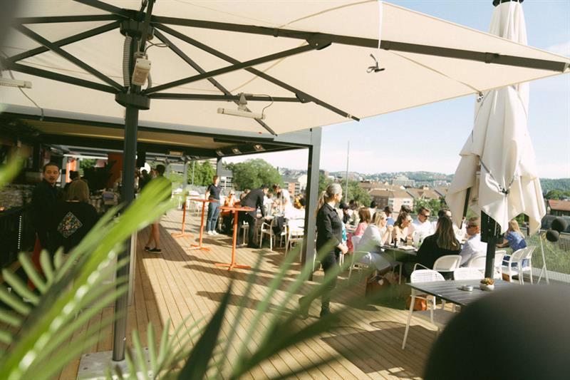 Plant, sunshade and people eating.