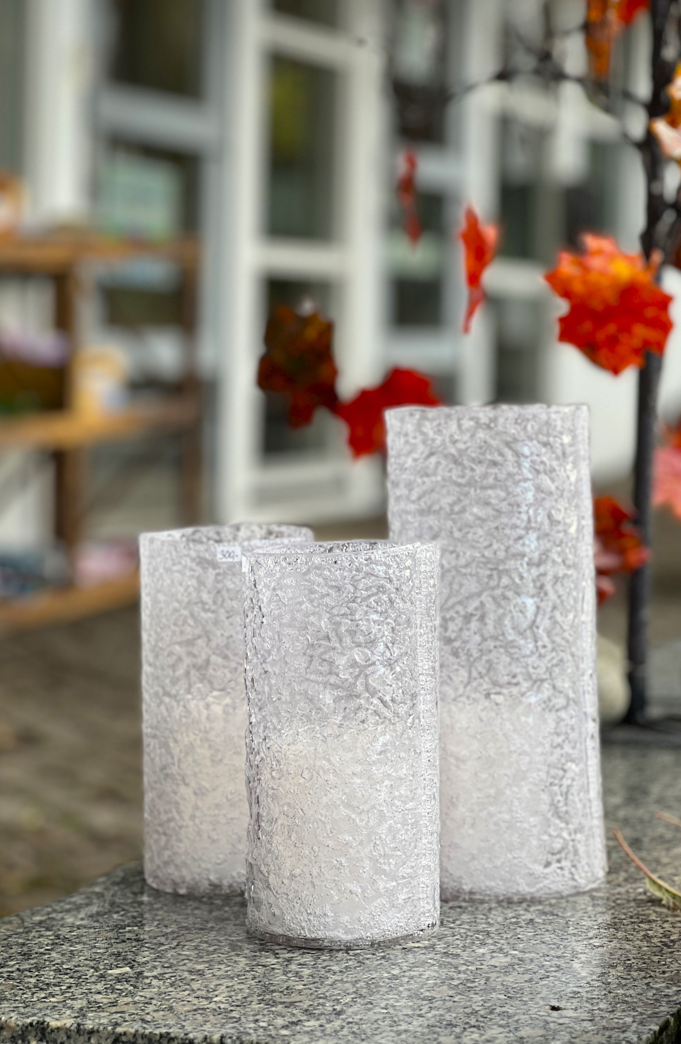 3 white glass vases by Margrethe Oleivsgard
