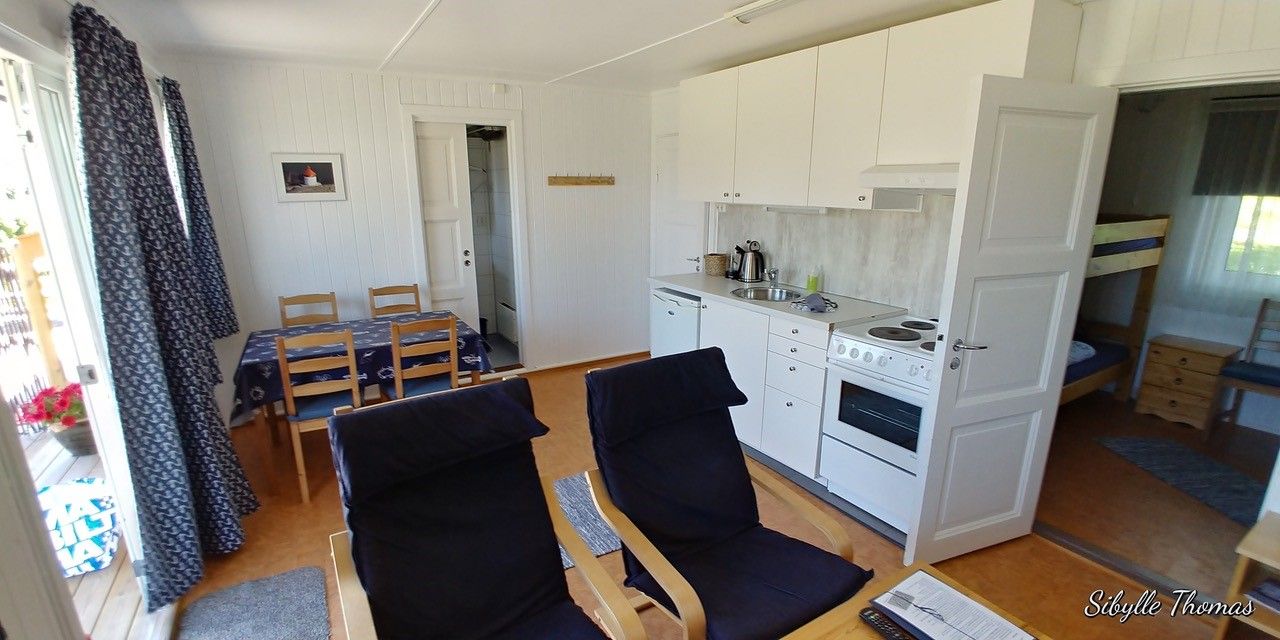 Overview of the living room and kitchen, with furniture