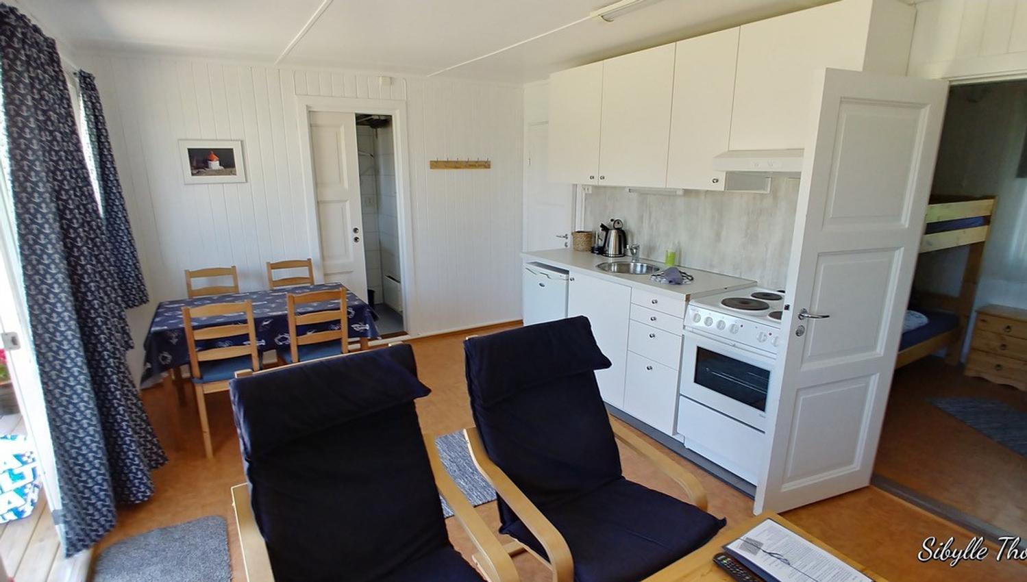 Overview of the living room and kitchen, with furniture