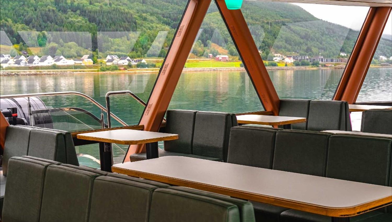Inside the boat, with fine seats and tables
