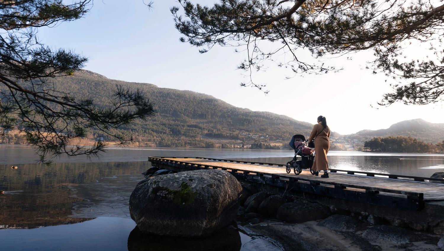Peaceful fjord walk near Husnes Sentrum Hotel, surrounded by calm nature.
