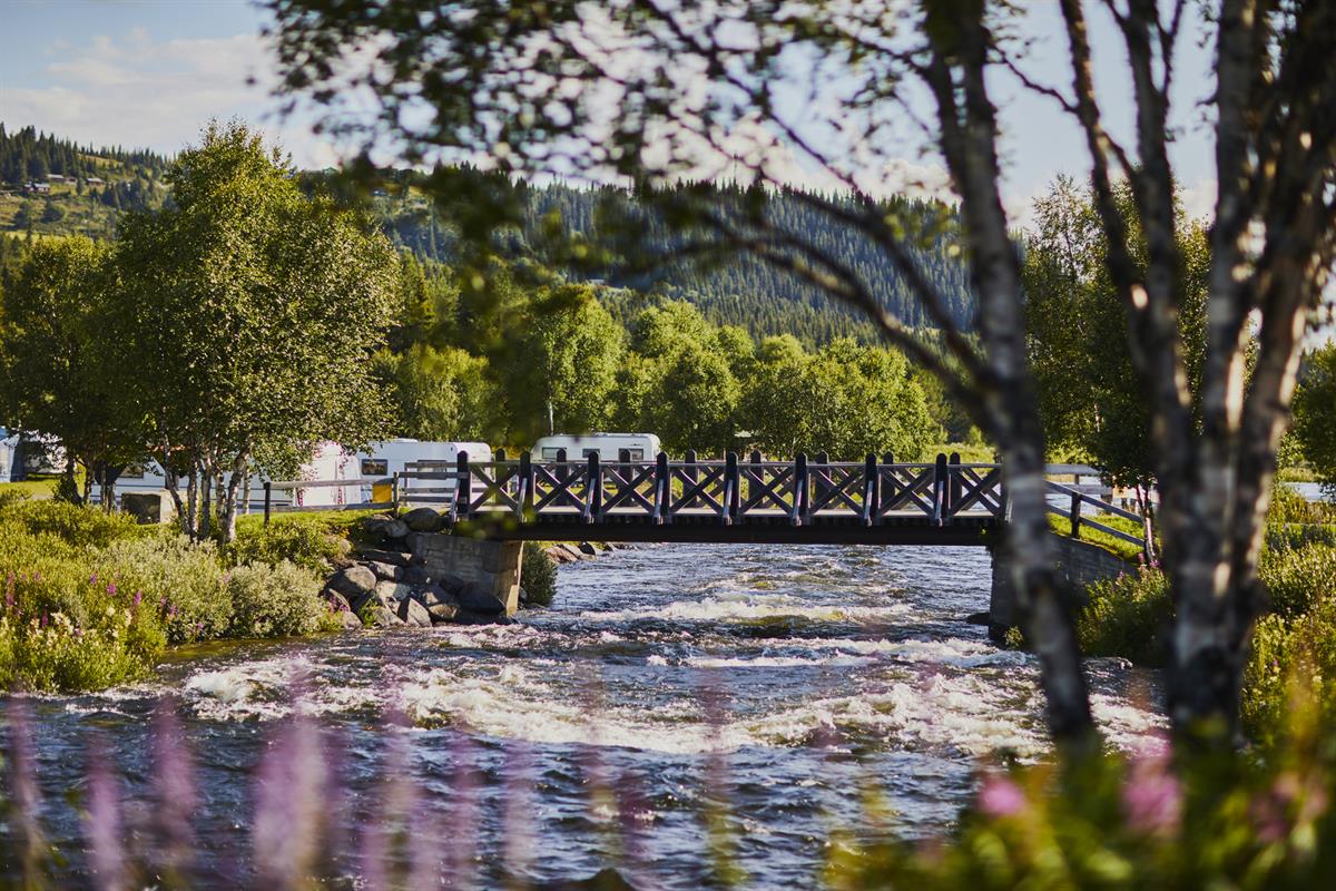 Elva som renner under brua ved campingplassen. Kan skimte campingvognene i bakgrunn