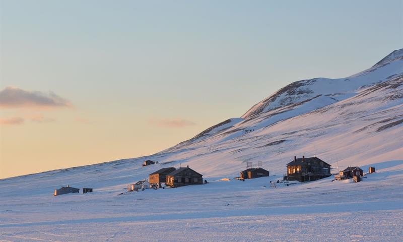 Several cabins at the foot of a mountain, with sunlight shining on the cabin walls.