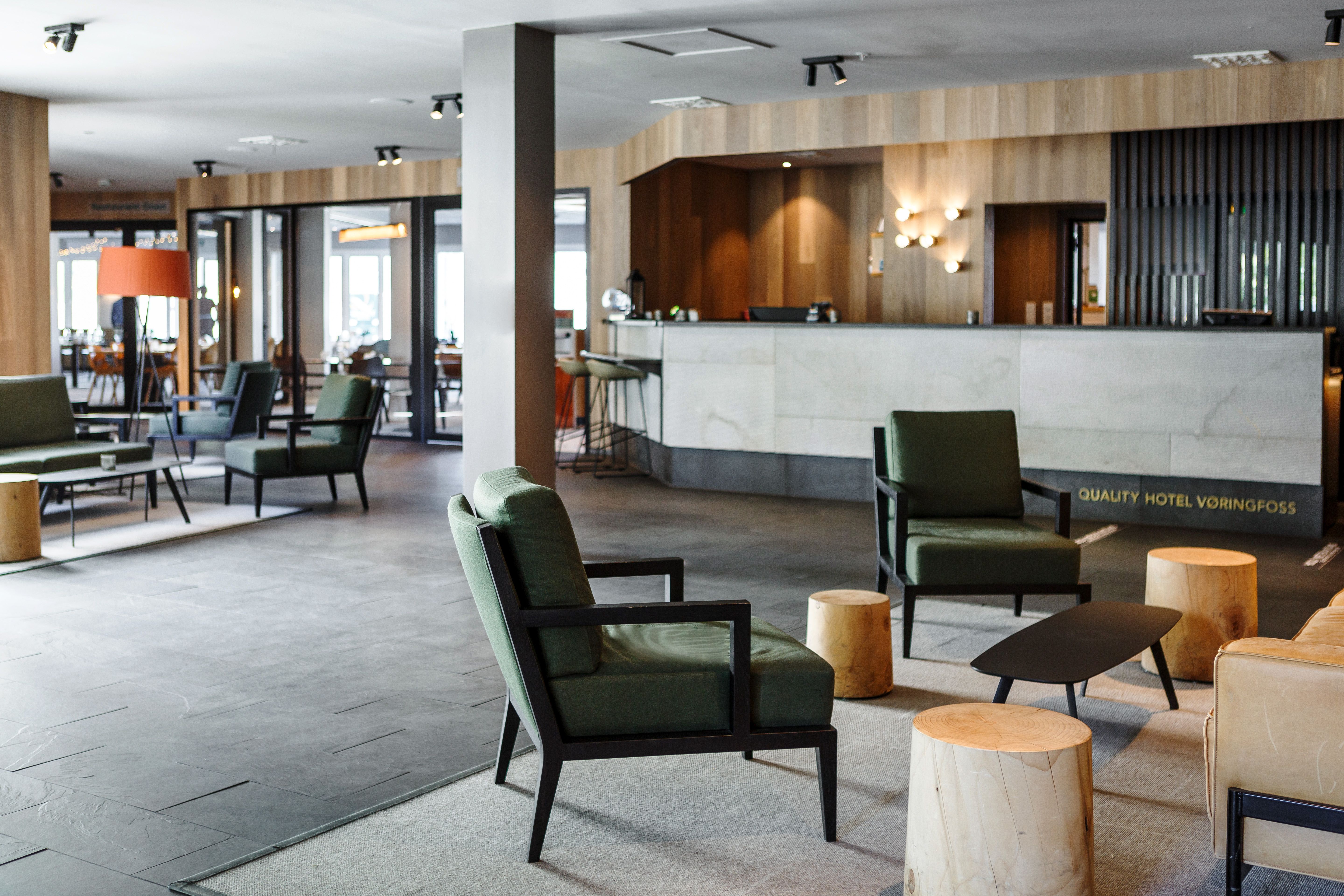 The front desk area with sitting areas.