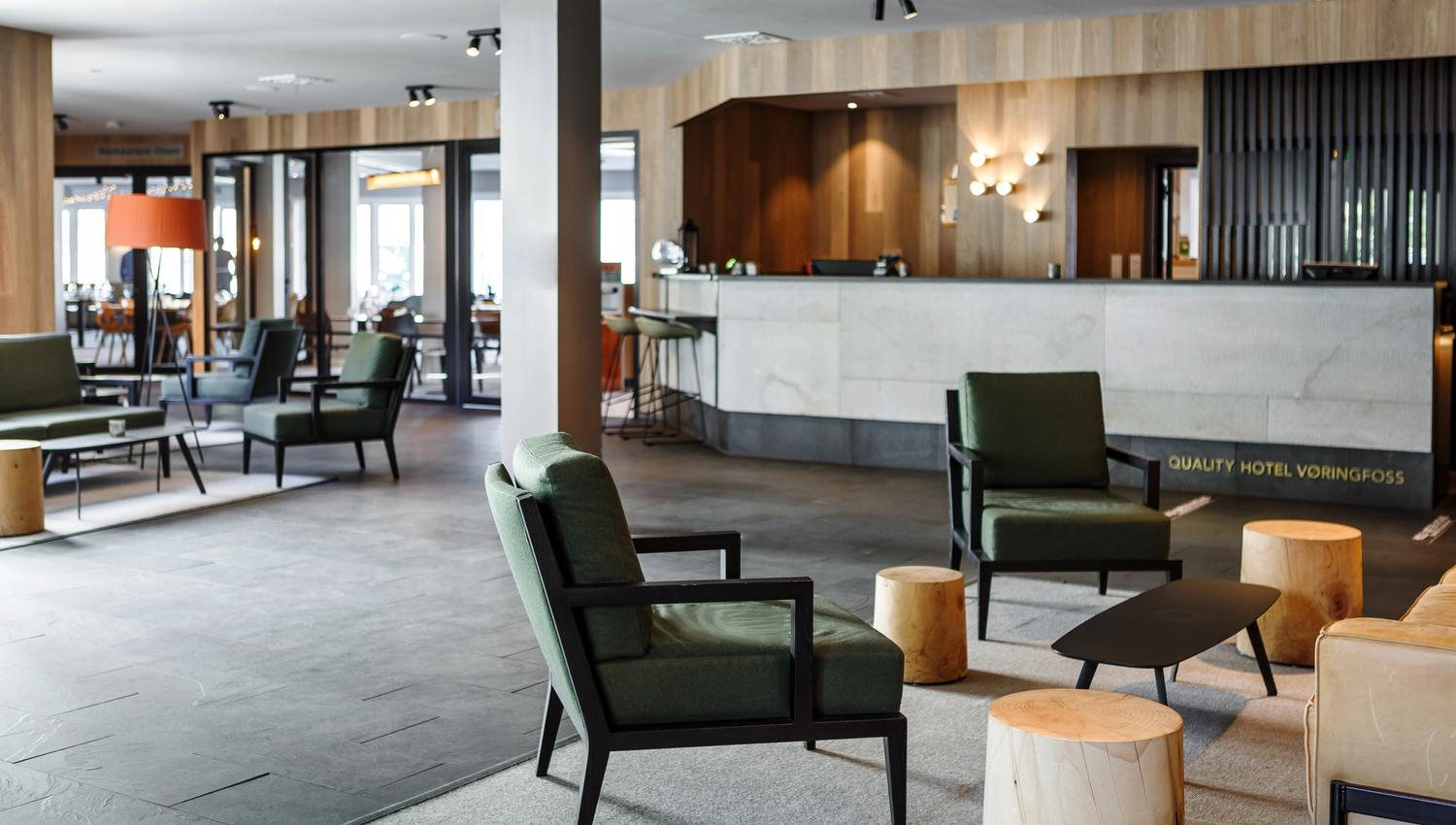 The front desk area with sitting areas.