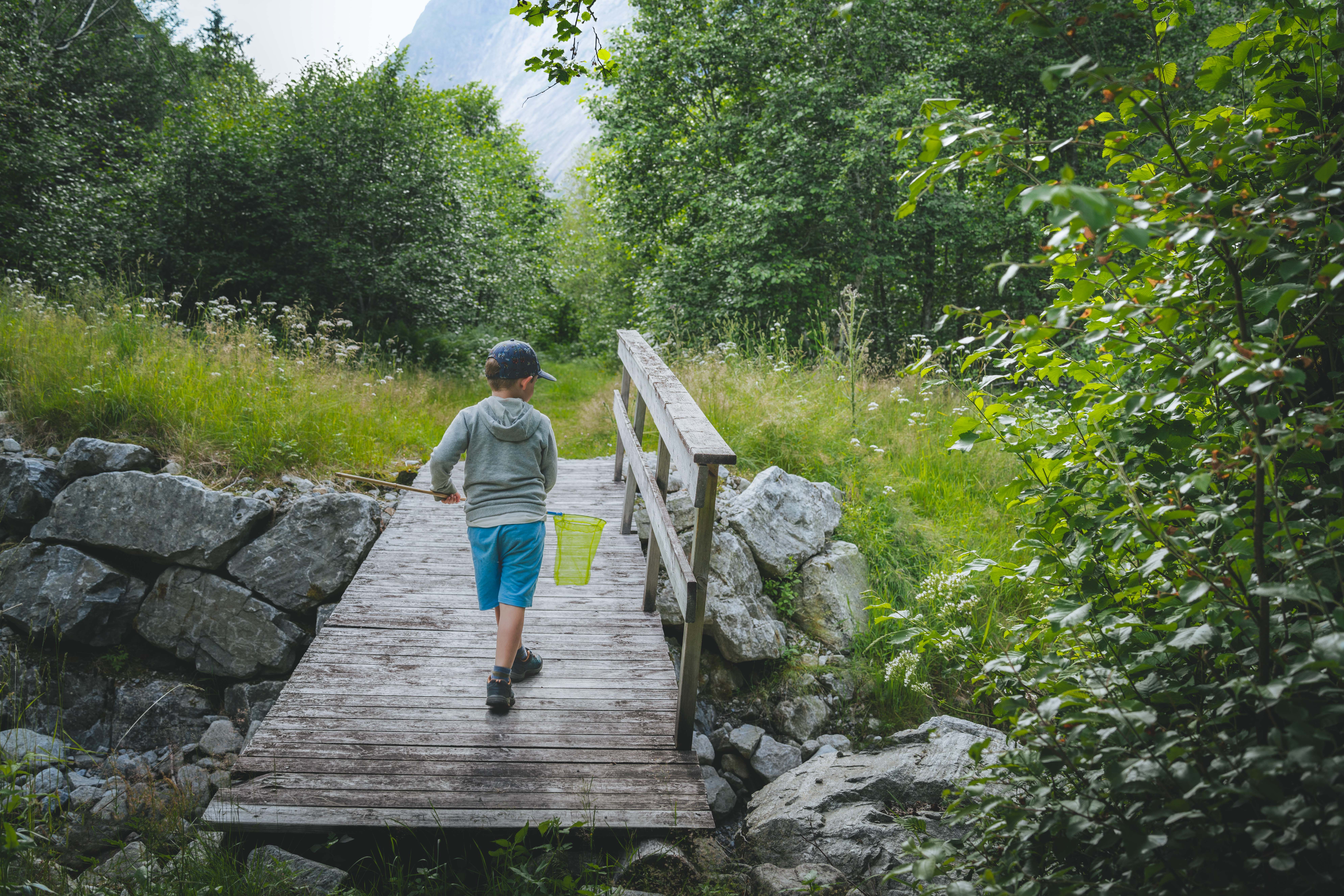 A small boy hiking in the woods carrying a hoof.