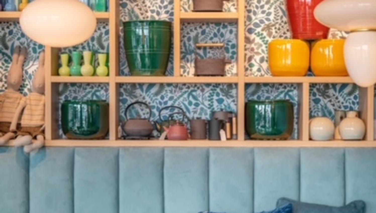 Shelf with vases, and cafe table
