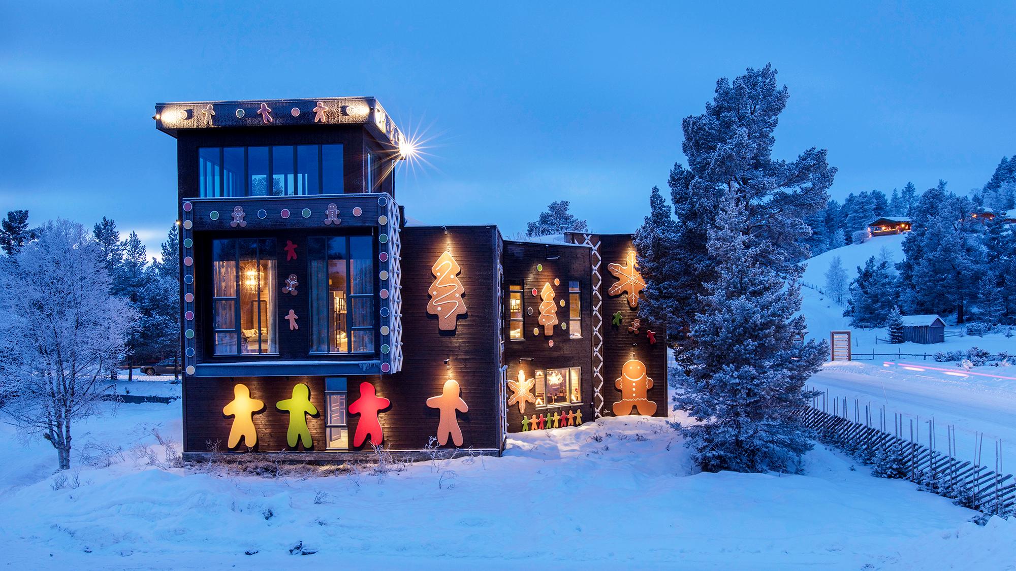 Gingerbread house in a snowy landscape in Savalen, Eastern Norway
