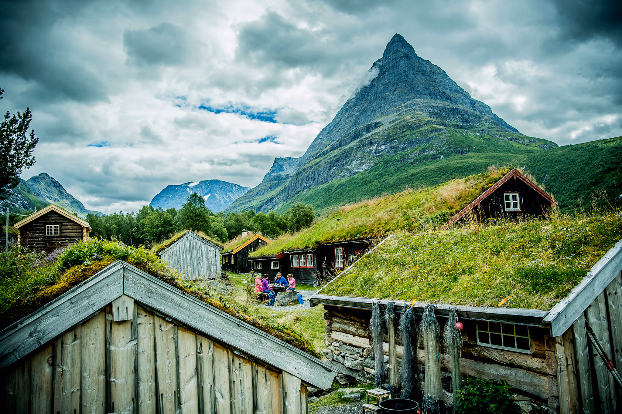 Thatched houses at Renndølsetra in the Innerdalen valley in Northwest, Fjord Norway