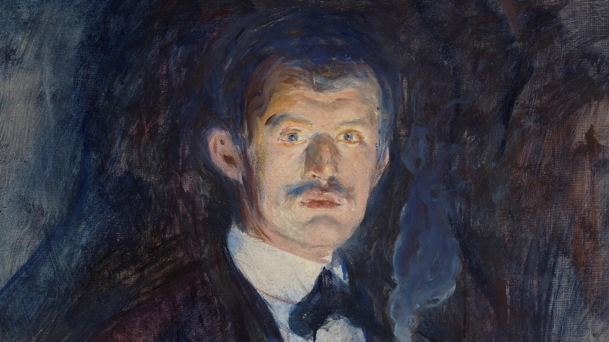 A self-portrait of Edvard Munch who's standing whilst holding a cigarette