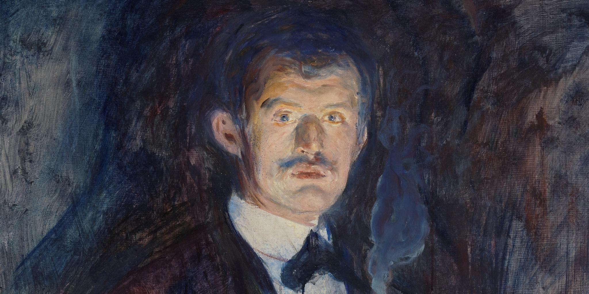A self-portrait of Edvard Munch who's standing whilst holding a cigarette