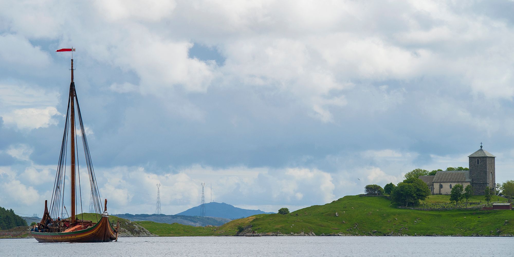 The Draken Viking ship outside Avaldsnes at Karmøy island, Haugesund and Haugalandet in Fjord Norway