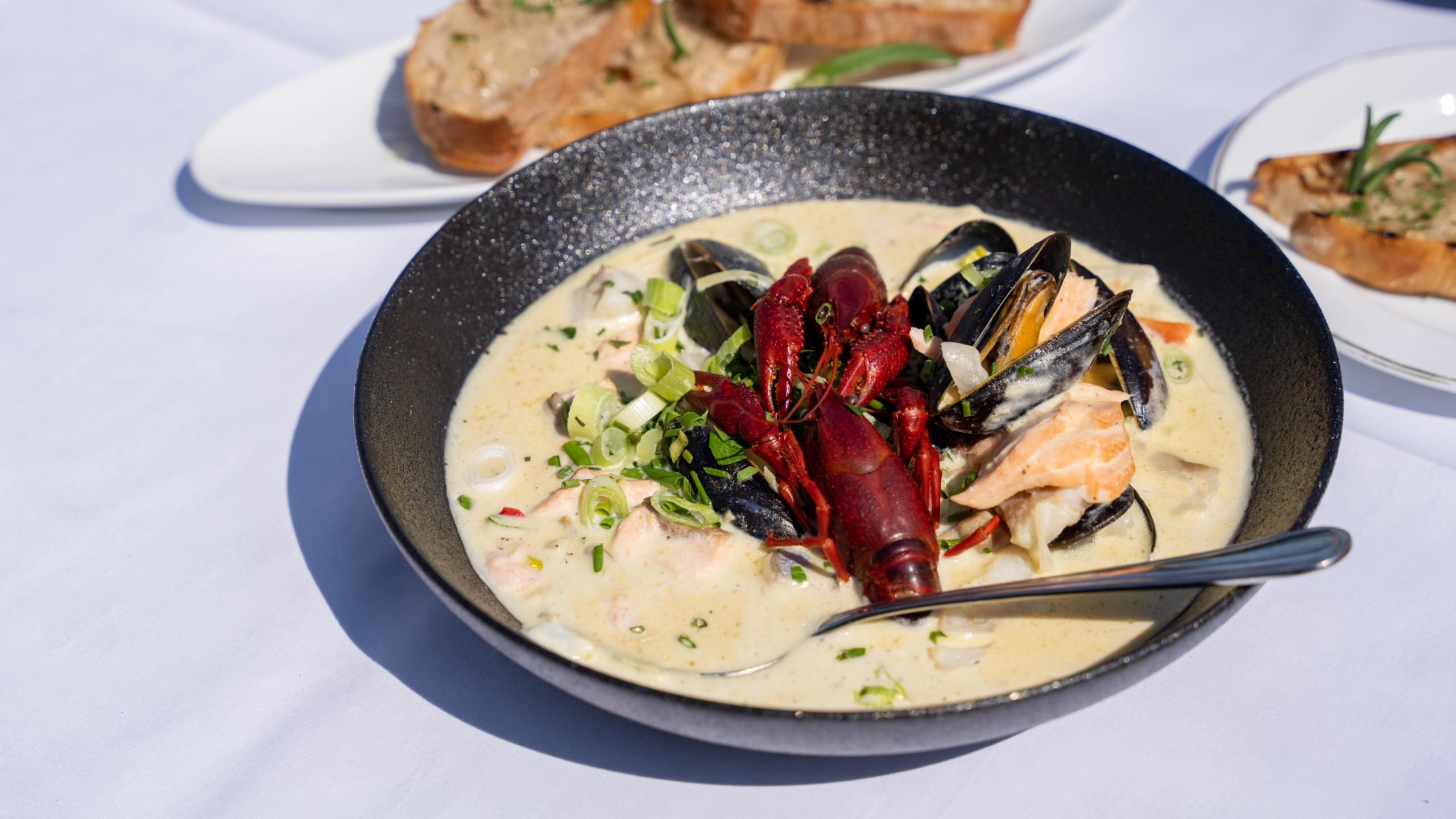 Classic, Norwegian fish soup from a restaurant in Norway.