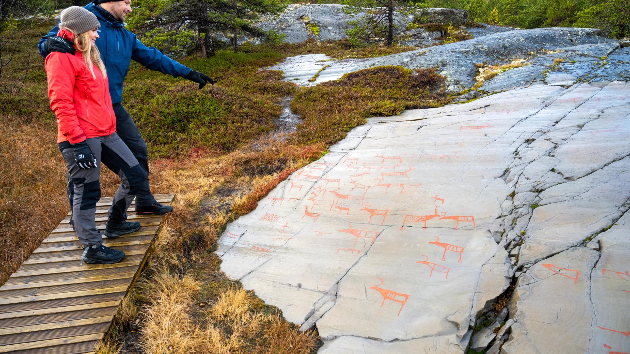 People looking at ancient rock carvings.