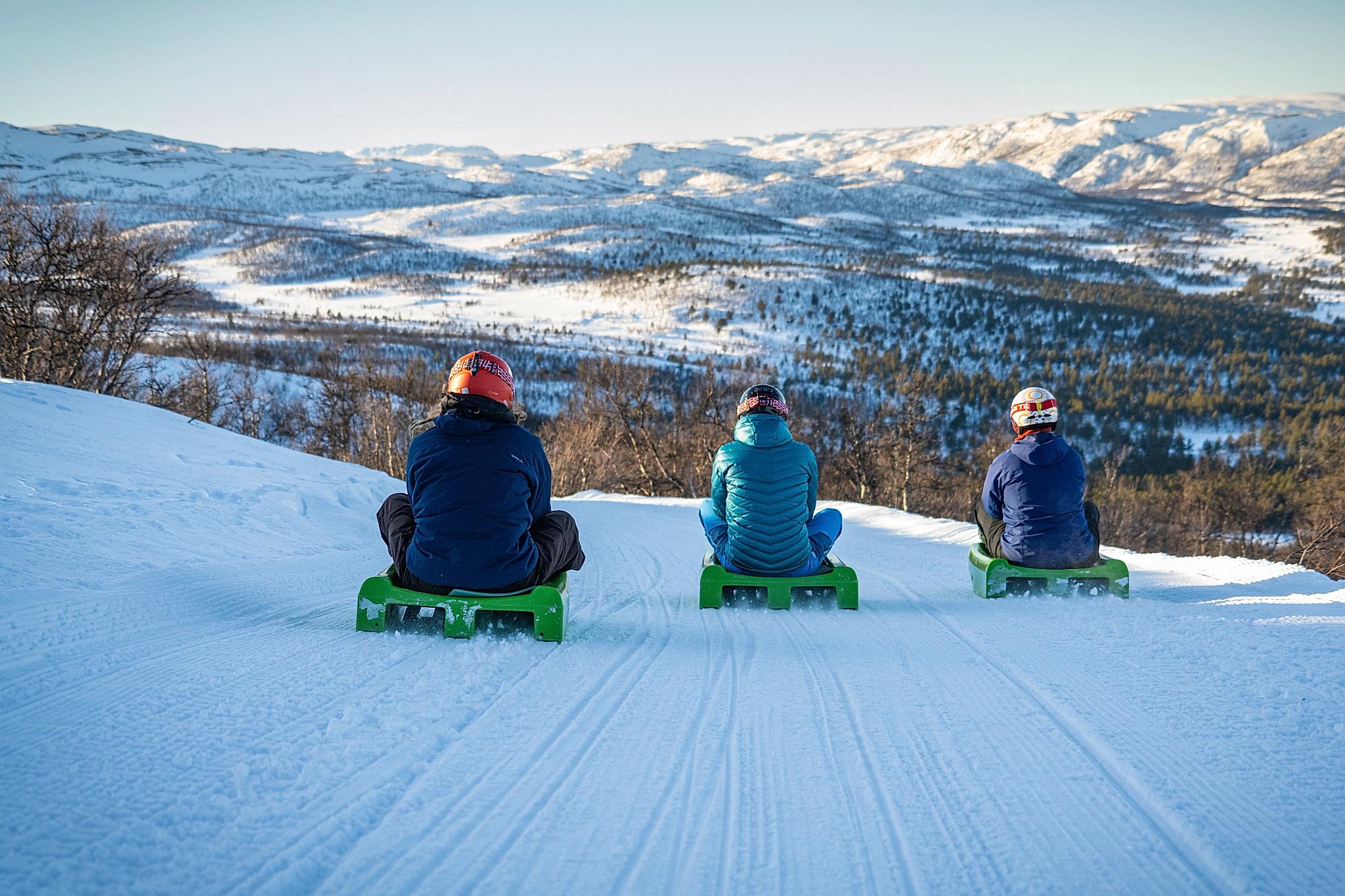 Friends going tobogganing at Dagali Fjellpark, Eastern Norway.