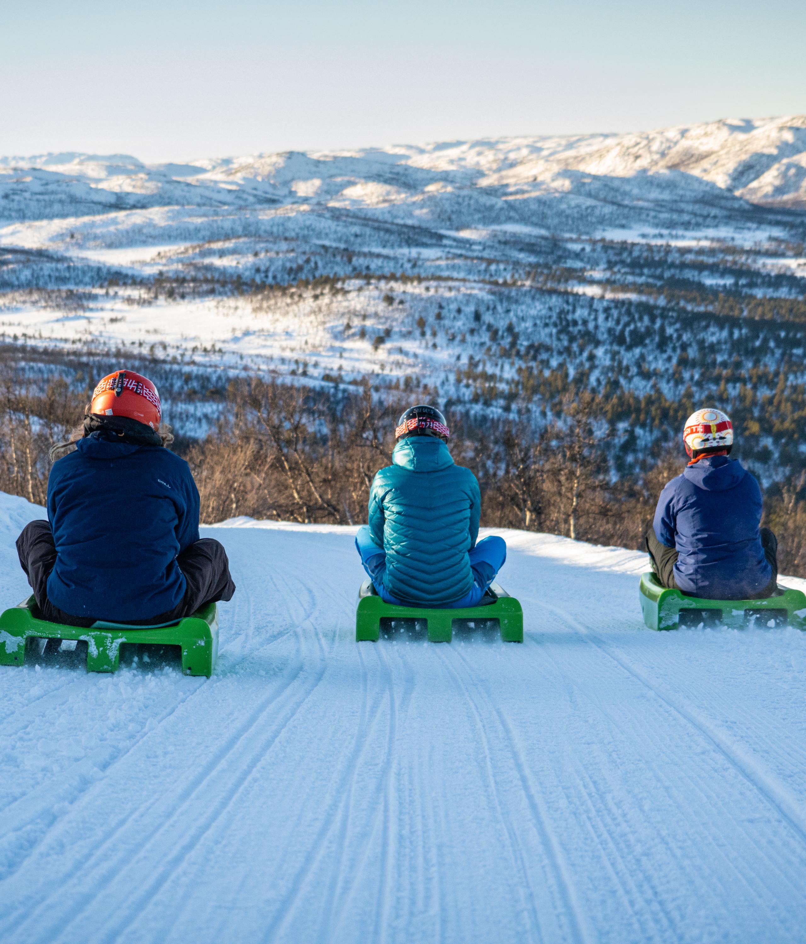 Friends going tobogganing at Dagali Fjellpark, Eastern Norway.
