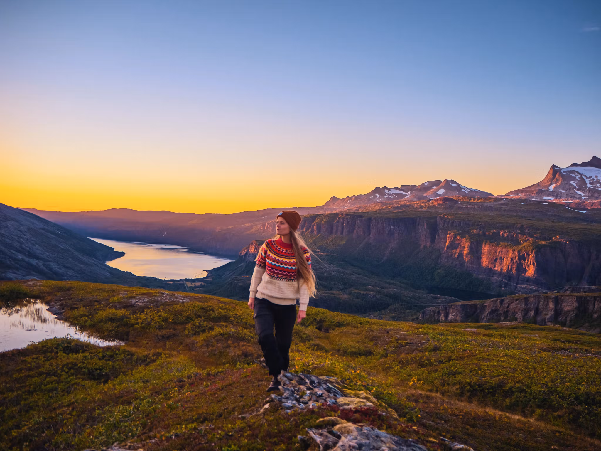 Girl hiking in the Melfjellet mountain in Helgeland