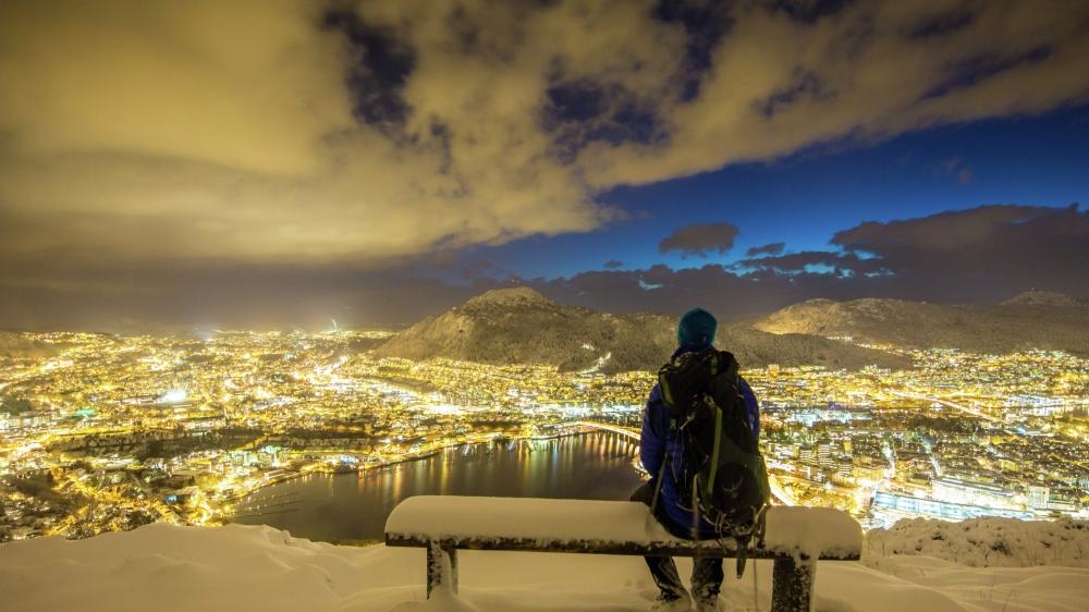 View from Mount Fløyen over snow covered Bergen