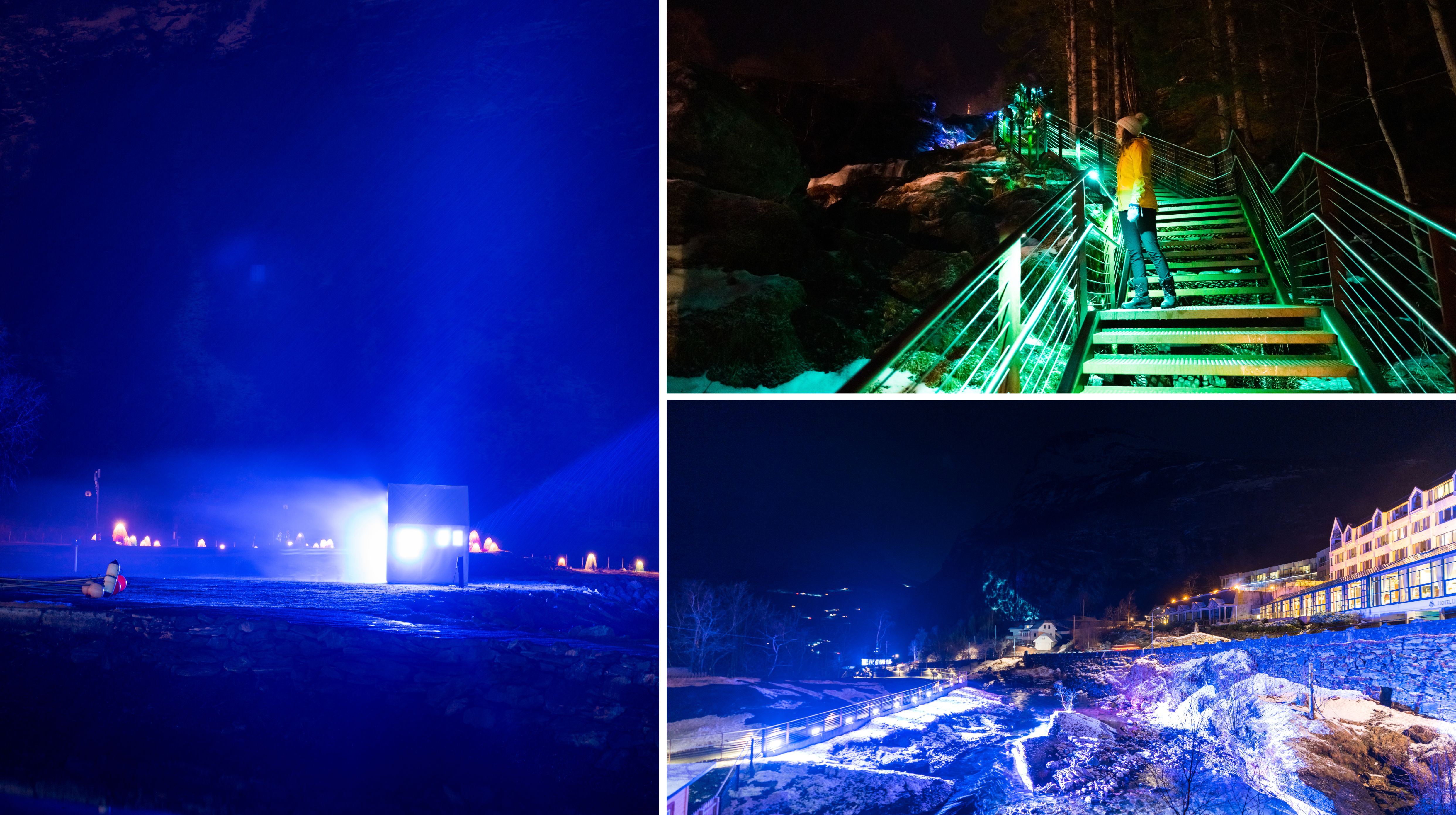 Tre bilder som viser forskjellige scener på Geiranger lyskunstfestival