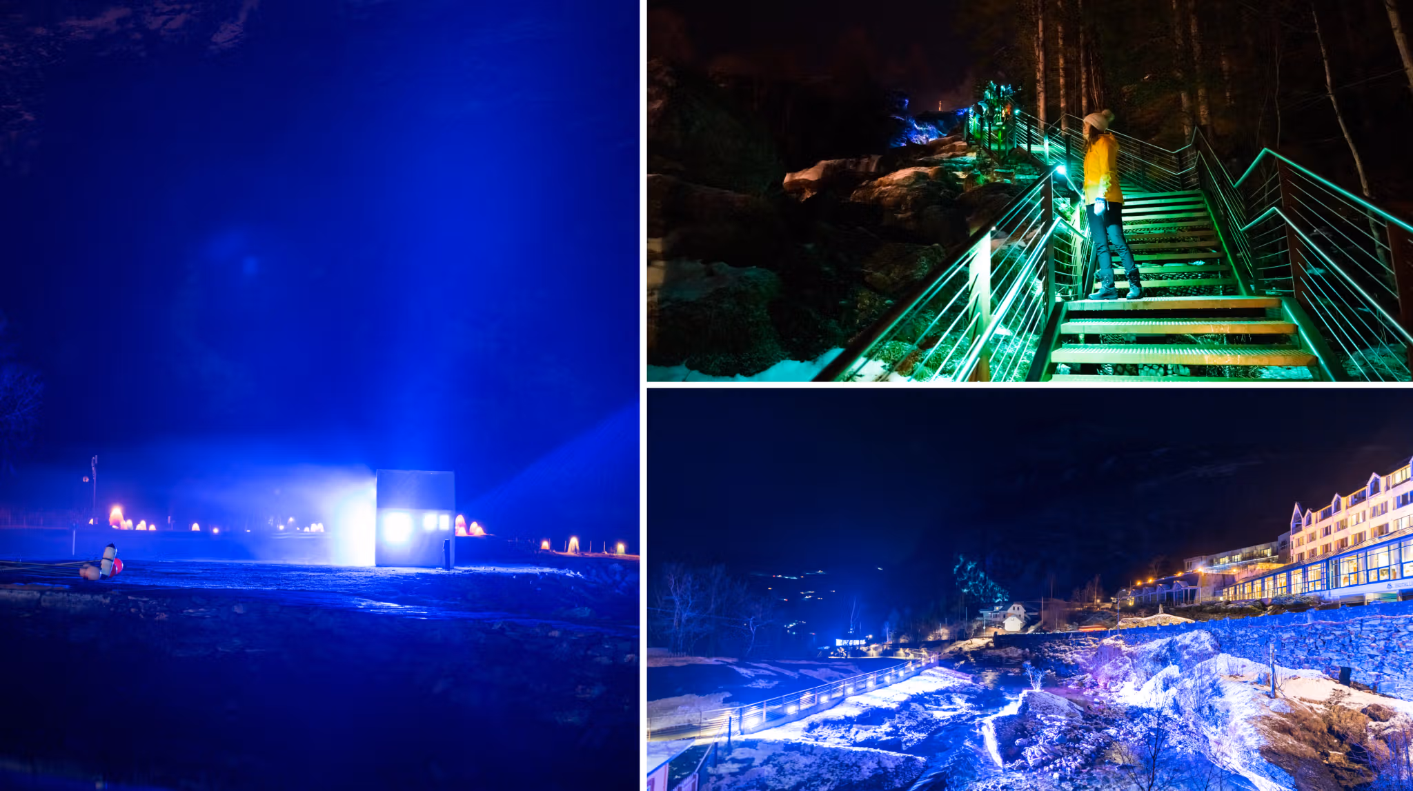 Tre bilder som viser forskjellige scener på Geiranger lyskunstfestival