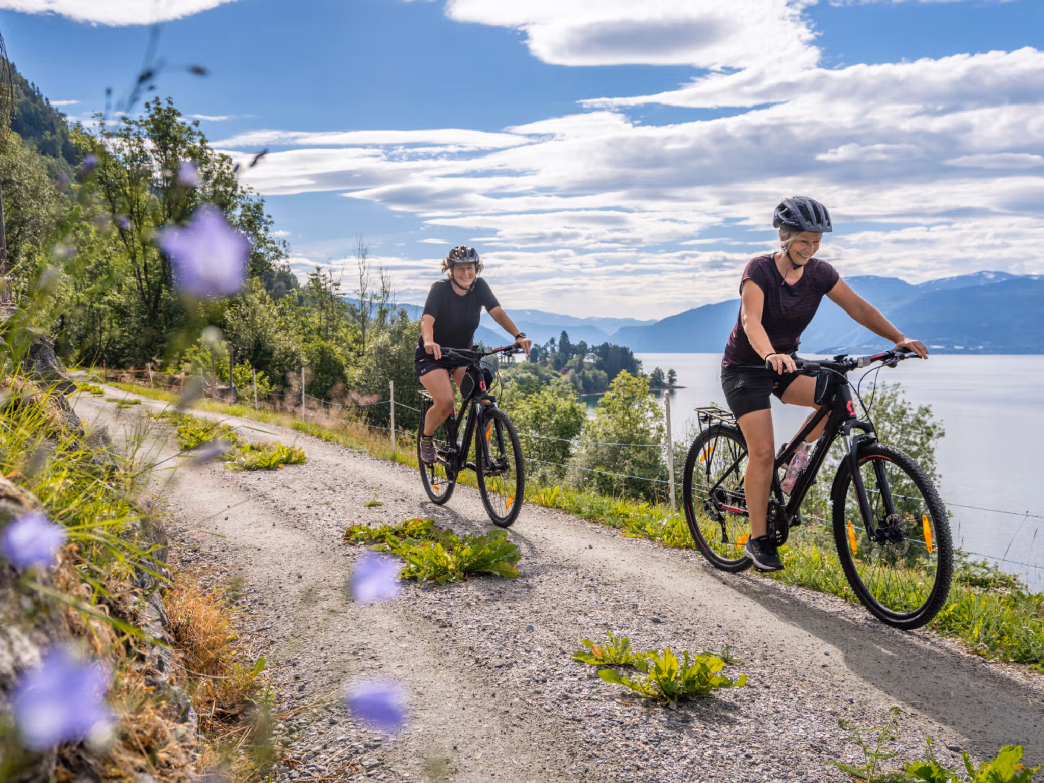 Two persons cycling by the fjord in summer, Norway.