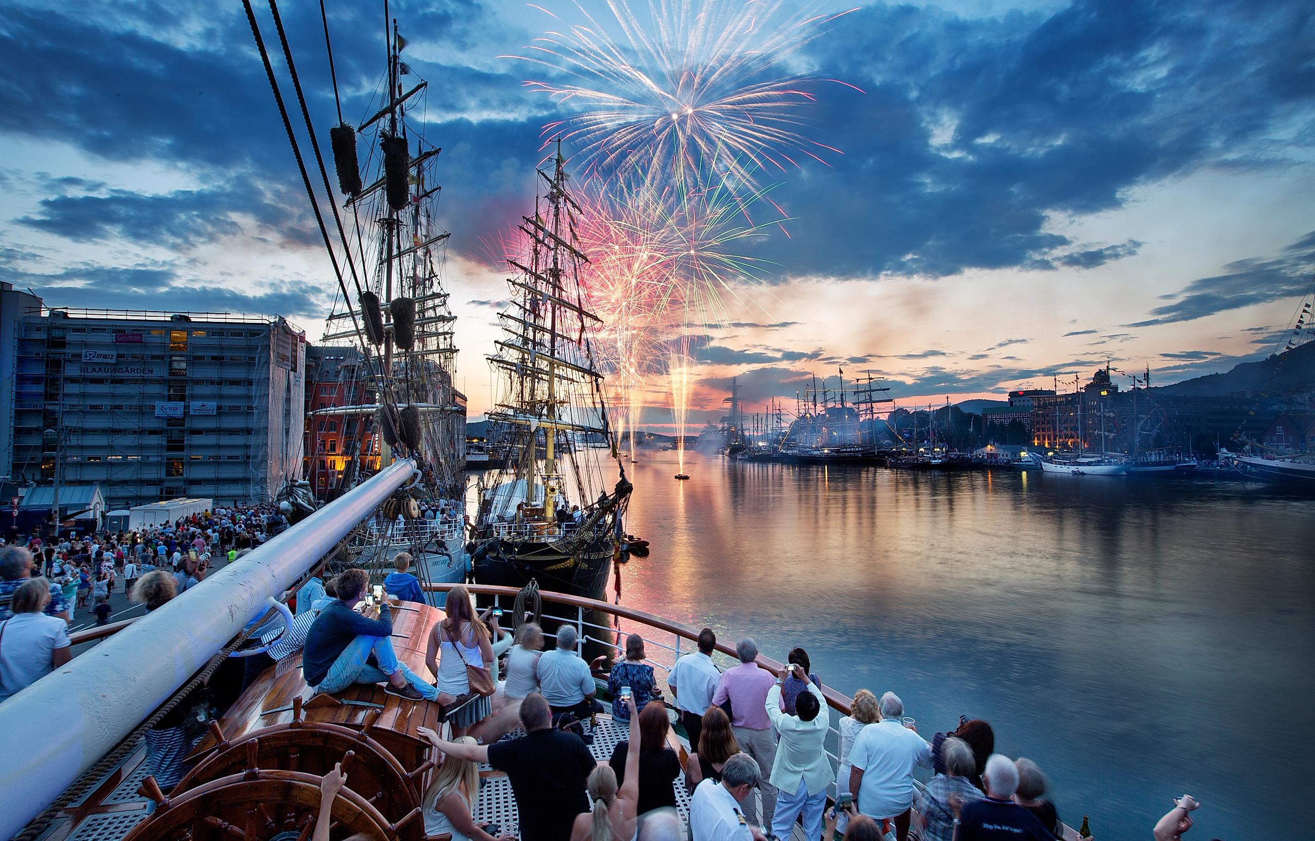 People watching fireworks during the tall ships race in Bergen