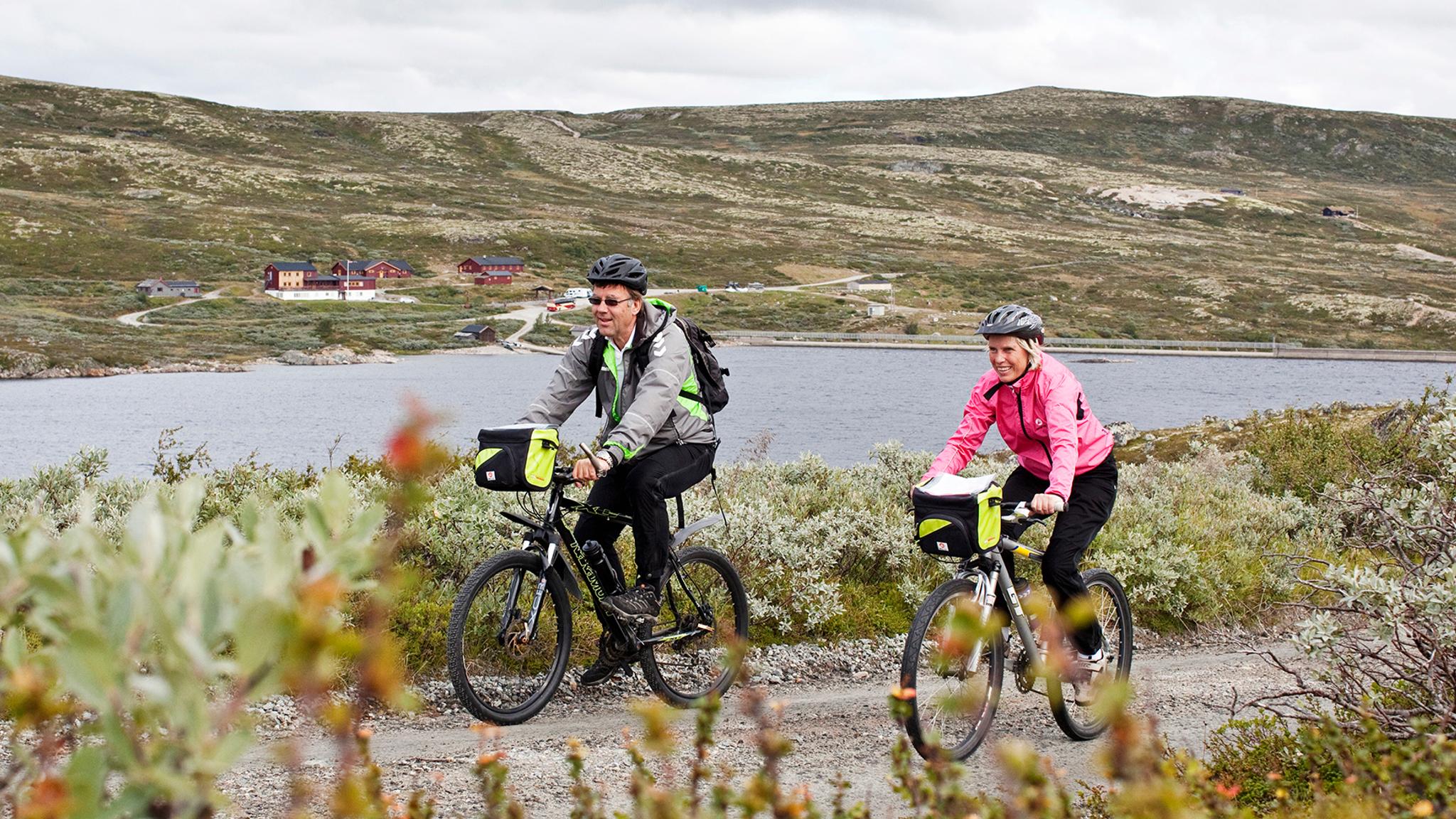 A couple is biking at the Hardangervidda mountain plateau in Eastern Norway