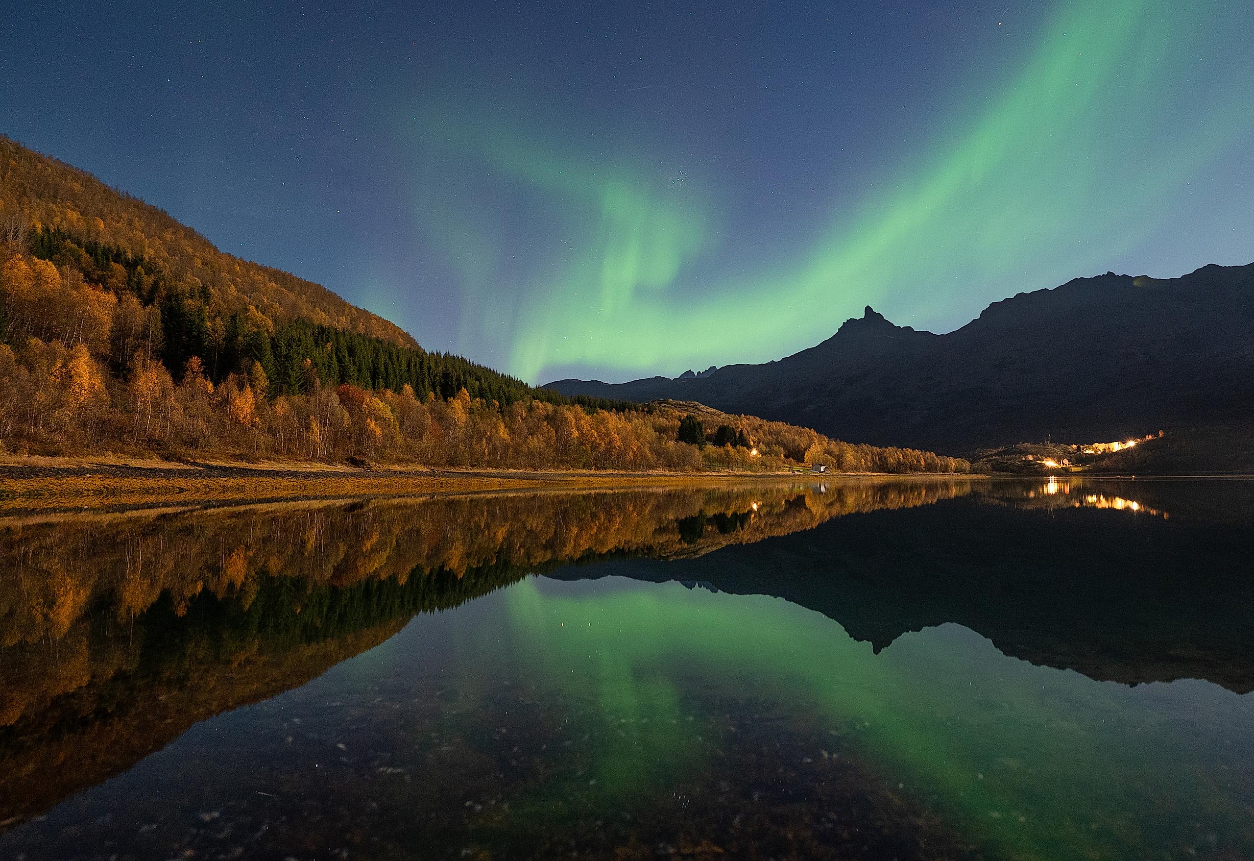 Autumn landscape with northern lights in Lyngen