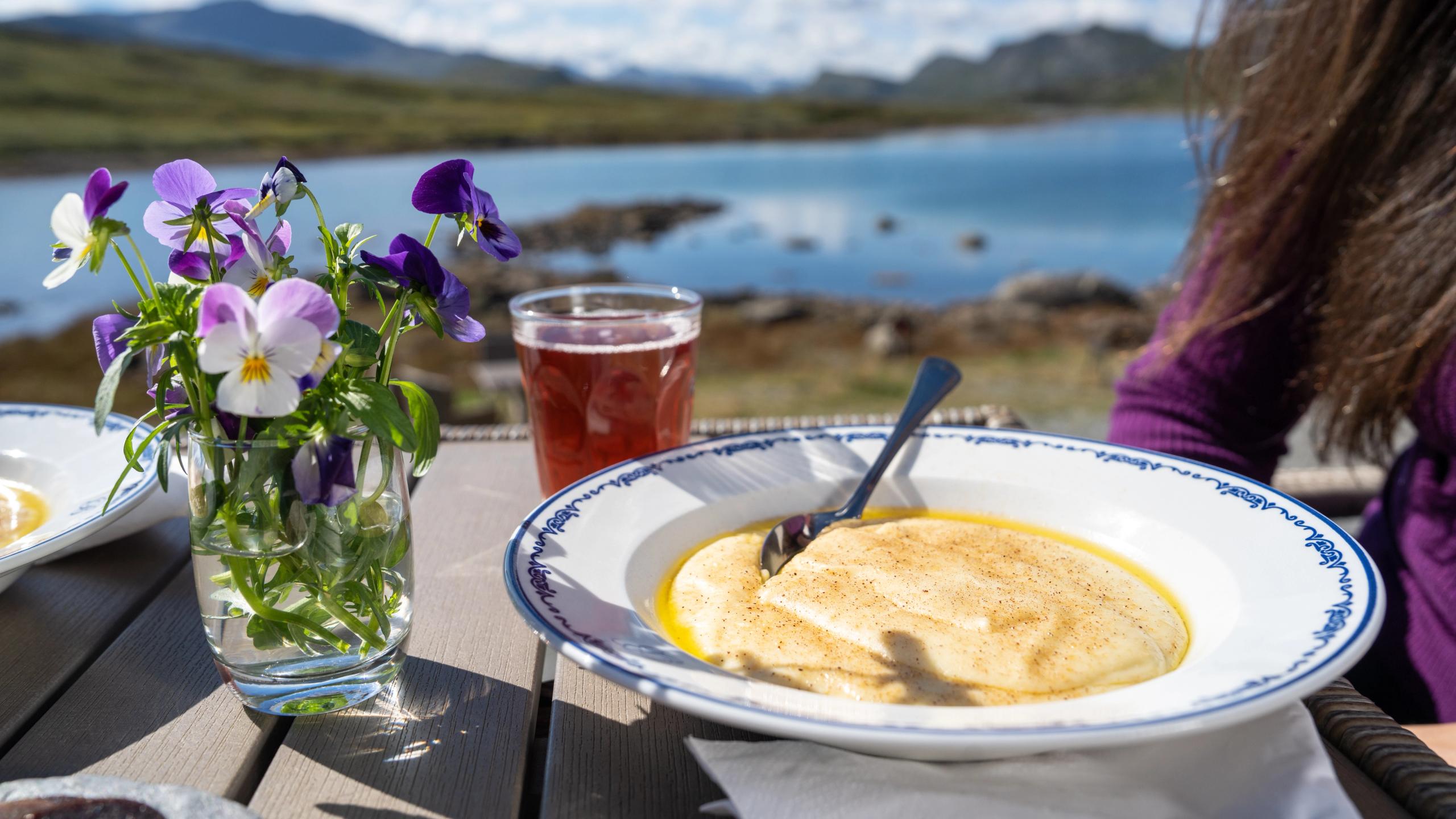 Sour cream porridge outside of Bygdin Høifieldshotel, along the Scenic Route Valdresflye.