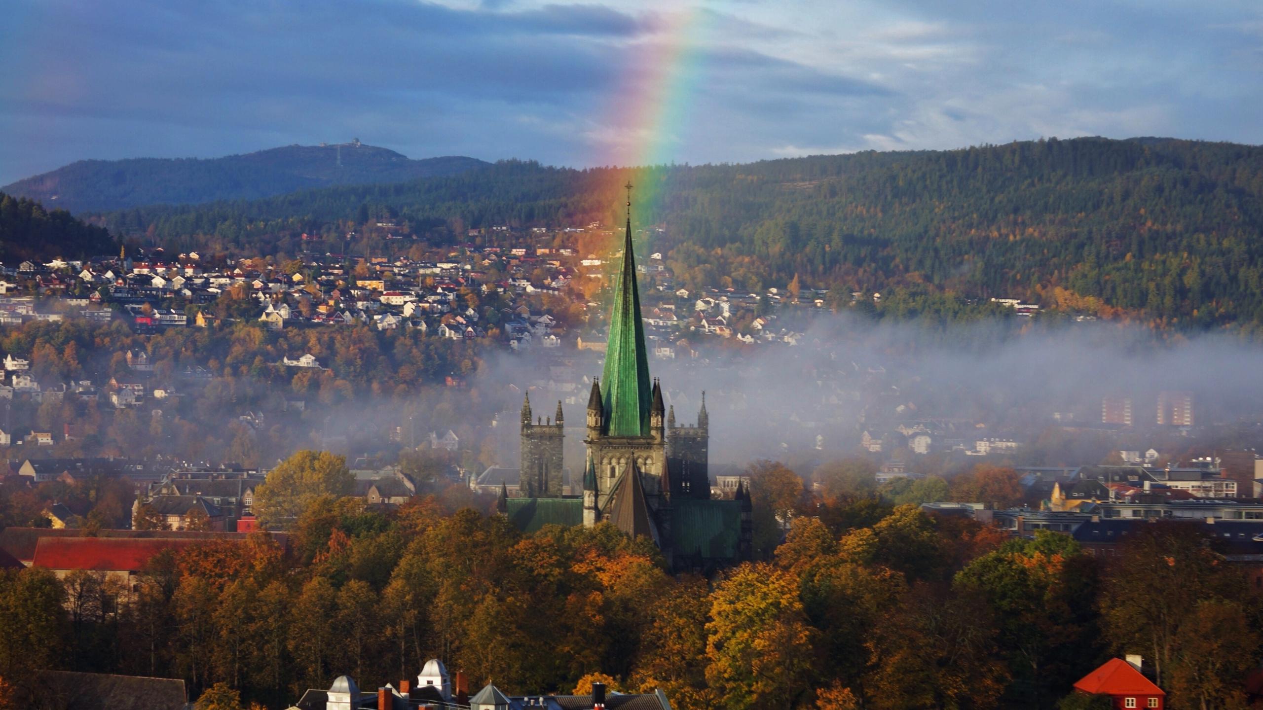 Bird's-eye view on the Nidaros Cathedral and a rainbow in Trondheim, Trøndelag, Norway