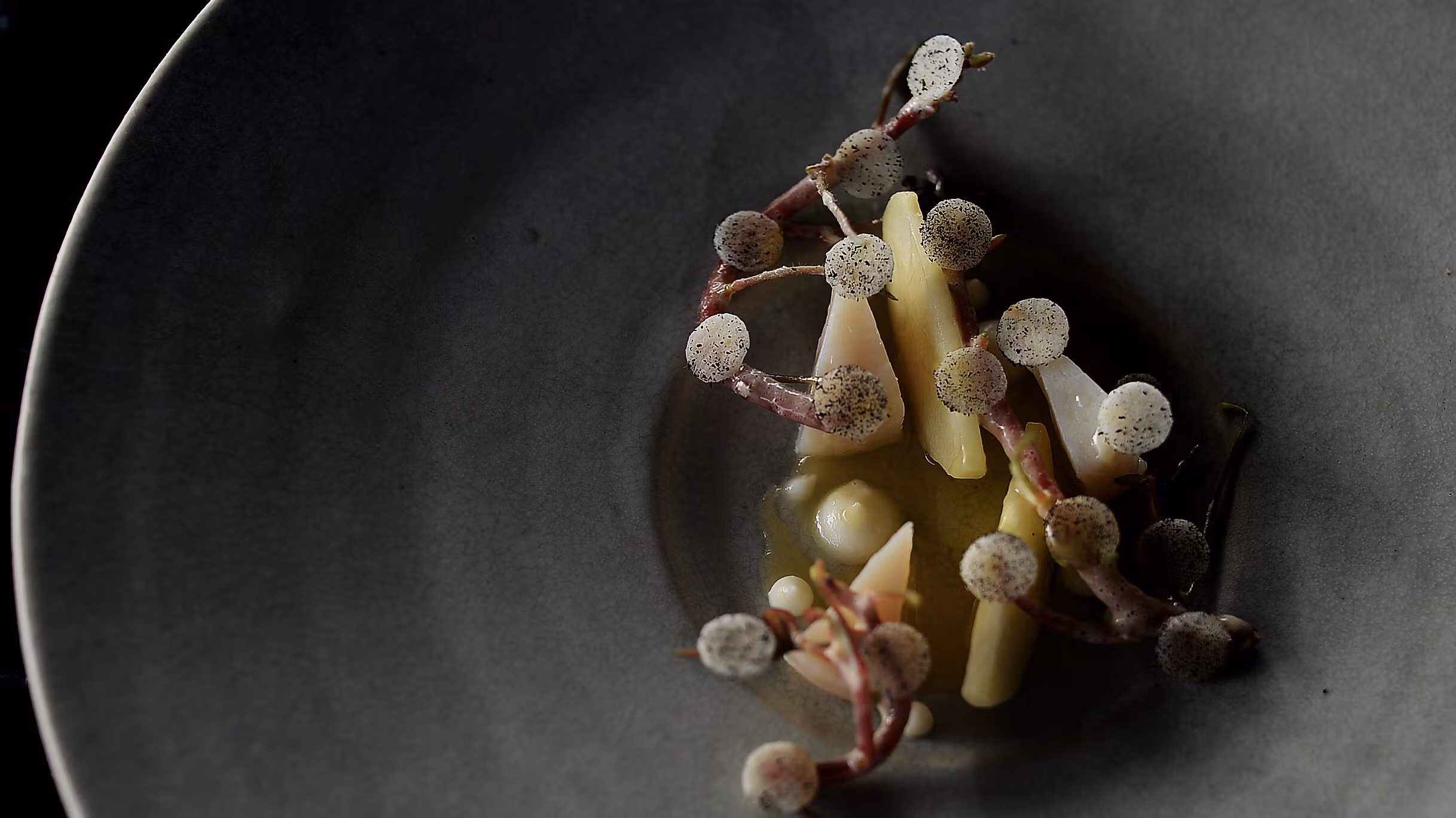 Plate of food at the Michelin starred restaurant Maaemo, in Oslo