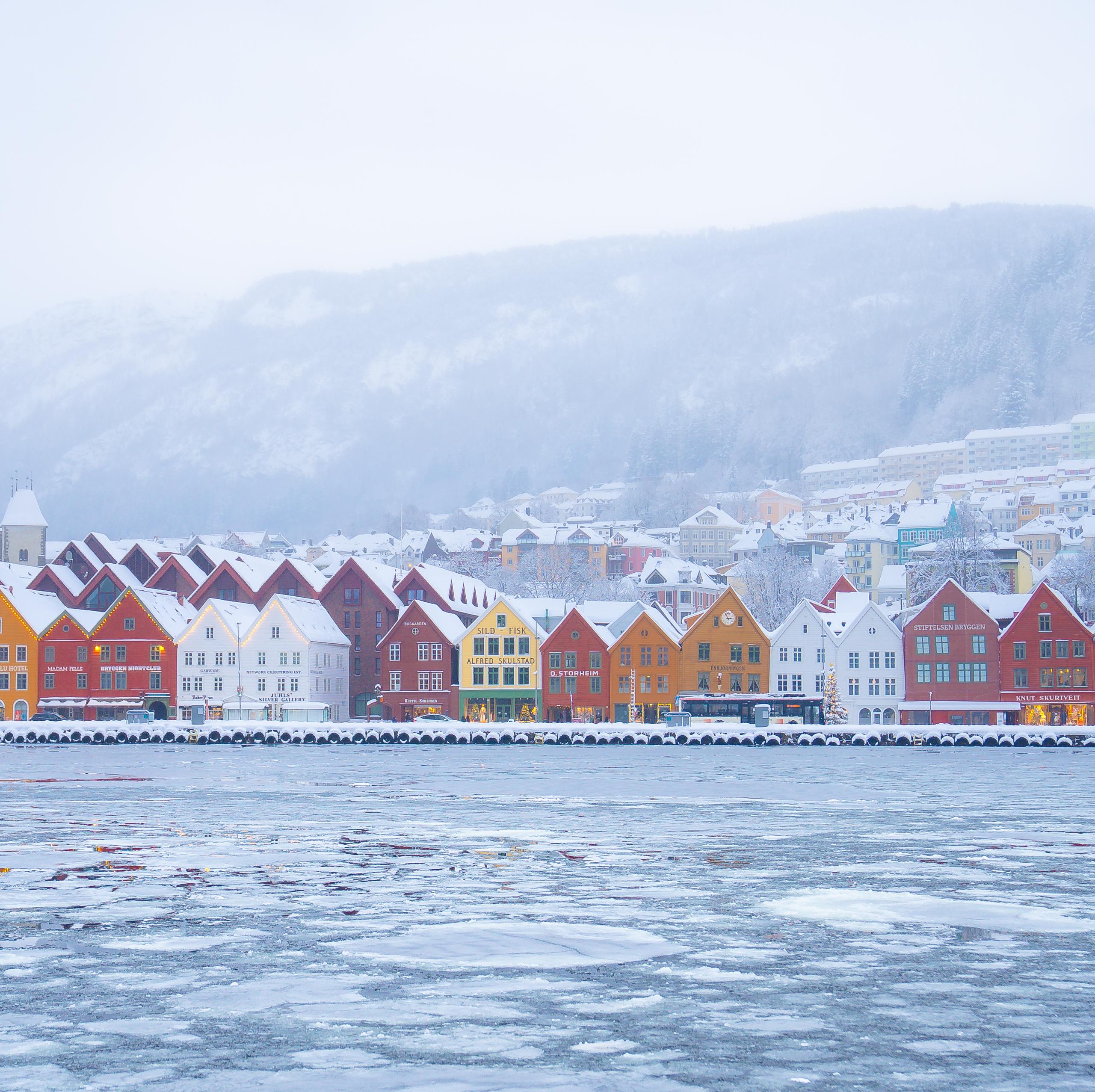 Winter at Bryggen in Bergen, Fjord Norway