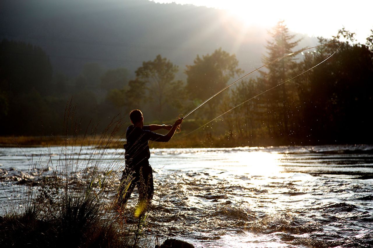 A person salmon fishing in a river.